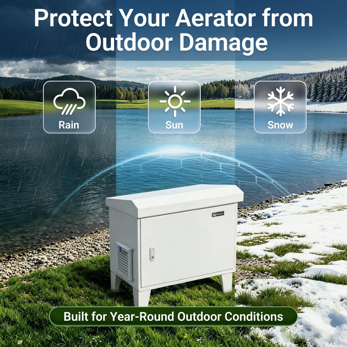 HQUA Pond Aerator Pump Cover Cabinet, Weatherproof Outdoor Protection System with Cooling Fan, Pre-Wired Outlet & 10 ft Power Cord, Galvanized Steel Enclosure 19”W × 14”D × 18.5”H