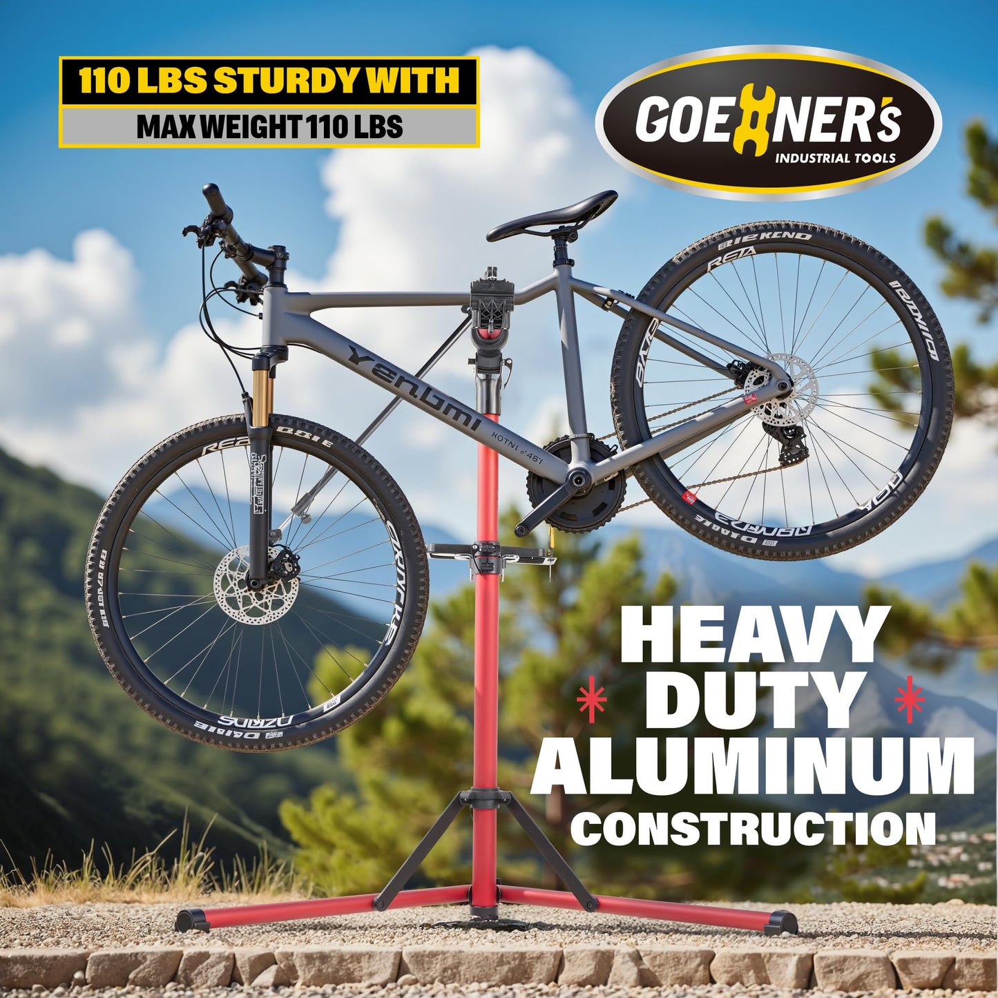 GOEHNER's Upgrade 2.0 Bike Repair Stand (Max 110 lbs) – Portable Aluminum Bicycle Workstand for Electric, Mountain, and Road Bikes