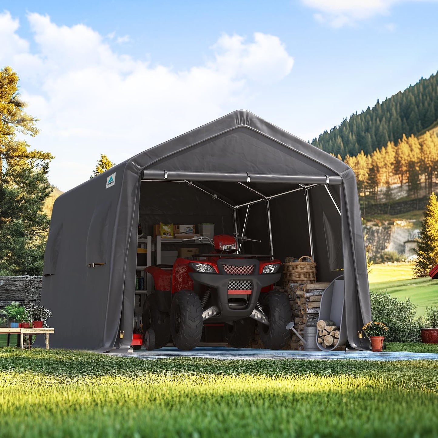 ADVANCE OUTDOOR 10X15 ft Garage Shelter Steel Metal Peak Roof Portable Storage Shed Carport for Motorcycle Boat, or Garden Tools with 2 Roll up Doors & Vents, Gray