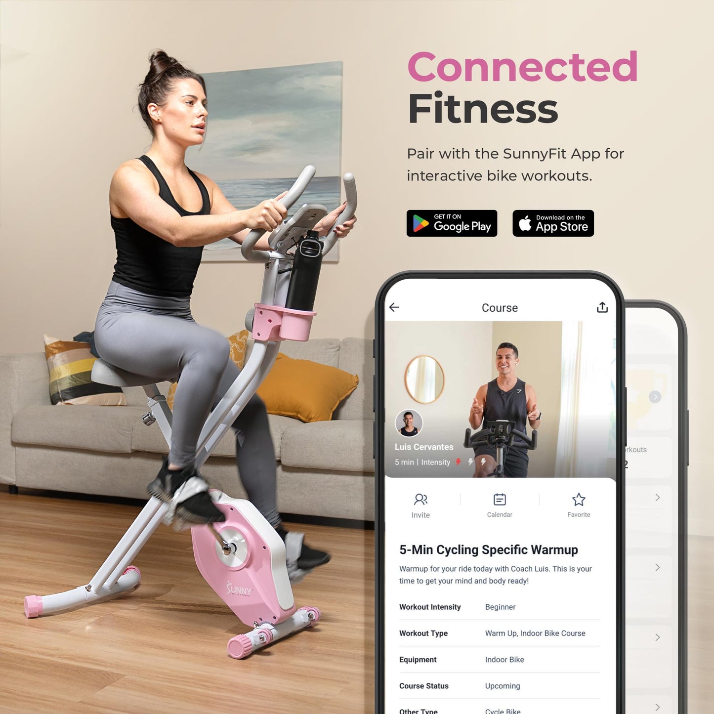 Sunny Health & Fitness Smart Folding X-Bike, Portable Compact Exercise Bike for Indoor Cycling Workout, Home Cardio Training Machine, Free SunnyFit App Bluetooth Connect