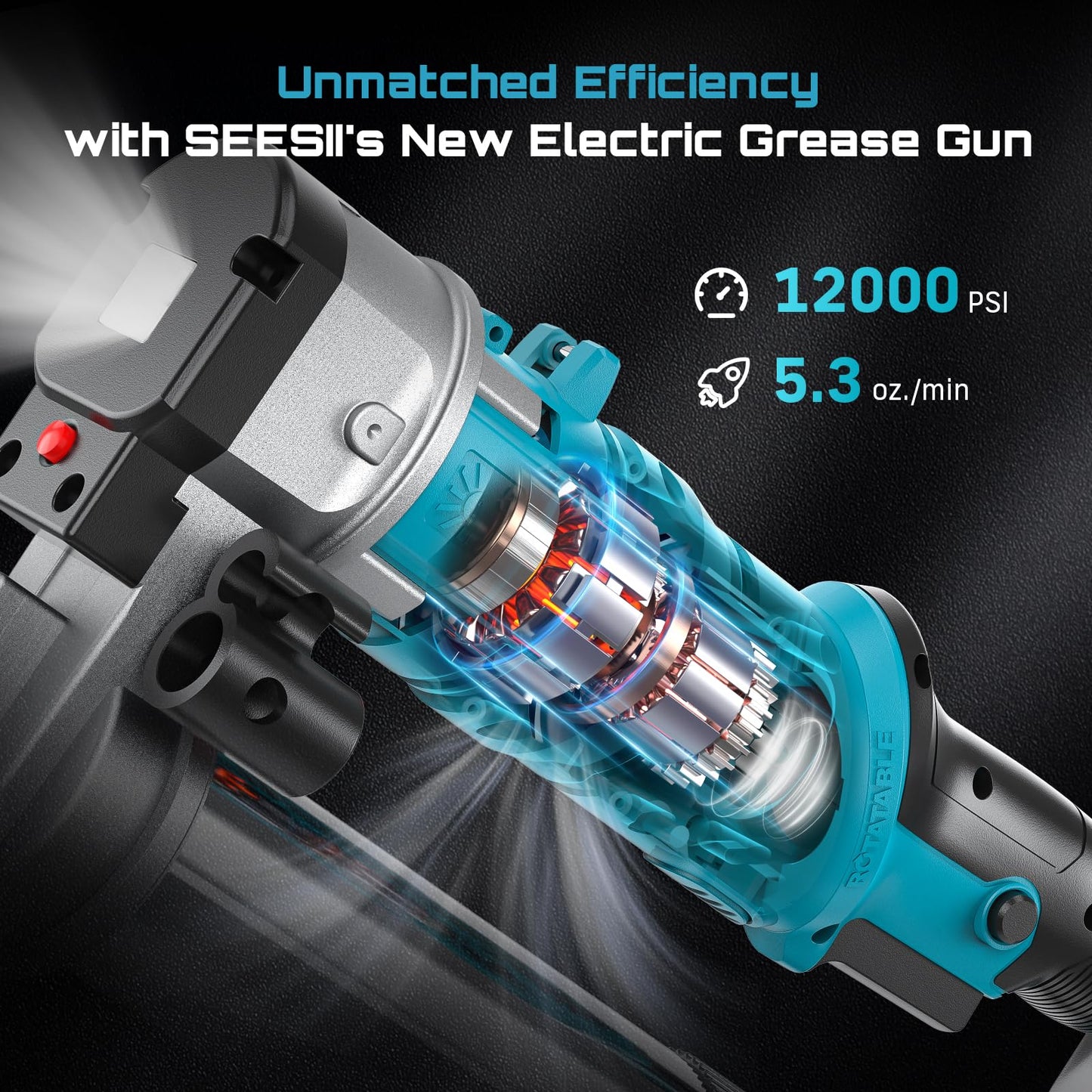 Seesii 2-in-1 Electric Grease Gun Kit – 12,000 PSI, 5.3 oz/min High-Flow, Cordless Design, Includes 2×2.0Ah Batteries, LED Light & 39.4” Flexible Hose, Perfect for Cars, Trucks, Farm & Heavy Equipment