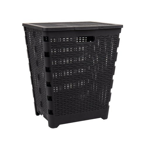 Mind Reader 61L Foldable Laundry Hamper, Clothes Basket, Lid, Wicker Design, Plastic, 18"L x 14.5"W x 21.25"H, Black