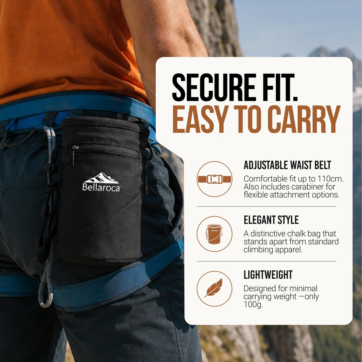 BELLAROCA® Climbing Chalk Bag with Waist Belt and Carabiner – Rigid Rim, Fleece Lining and Anti-Spill Drawstring Chalk Pouch for Rock Climbing and Bouldering