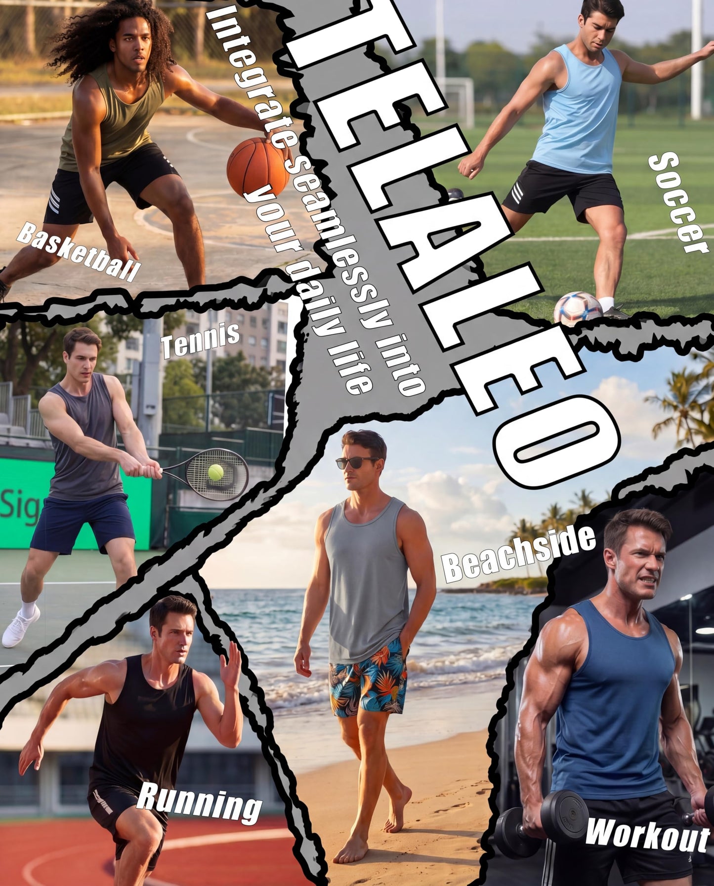 TELALEO 5 Pack Men's Workout Tank Tops Sleeveless Mesh Muscle Gym Shirt Quick Dry Black/Gray/Charcoal/Navy/Blue L
