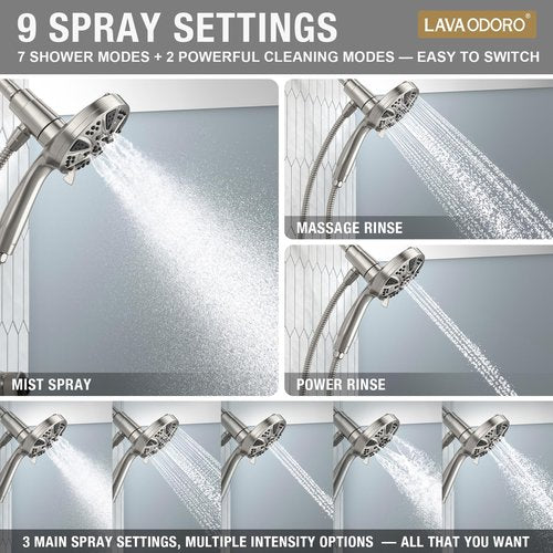 LAVA ODORO Handheld Shower Head with Magnetic Docking System, 10-Function High Pressure Detachable Shower Head, 5-inch Showerhead with 72 Inch Hose, Remote Dock, Brushed Nickel, SH180-BN-D