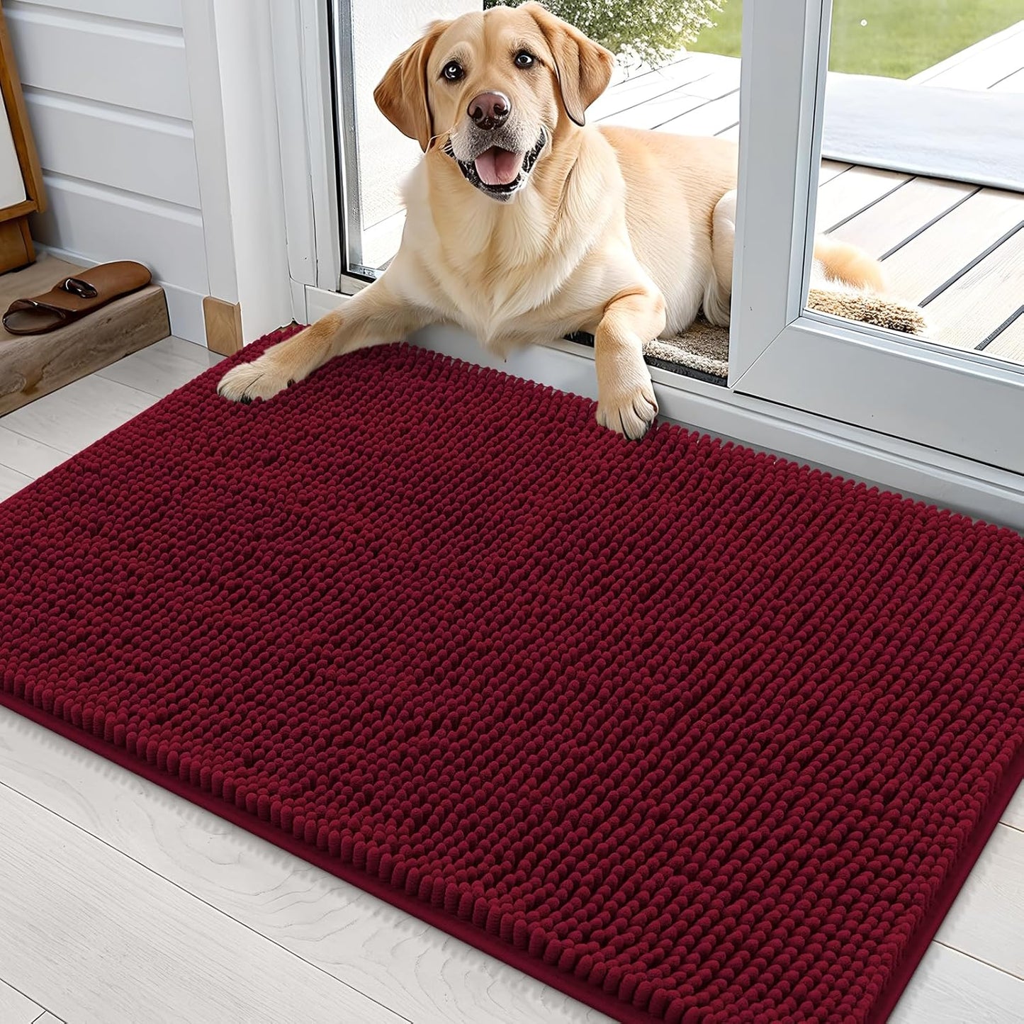 OLANLY Dog Door Mat - Absorbent Non-Slip Mud Mat for Dogs | Quick Dry Chenille, 36x24, Burgundy