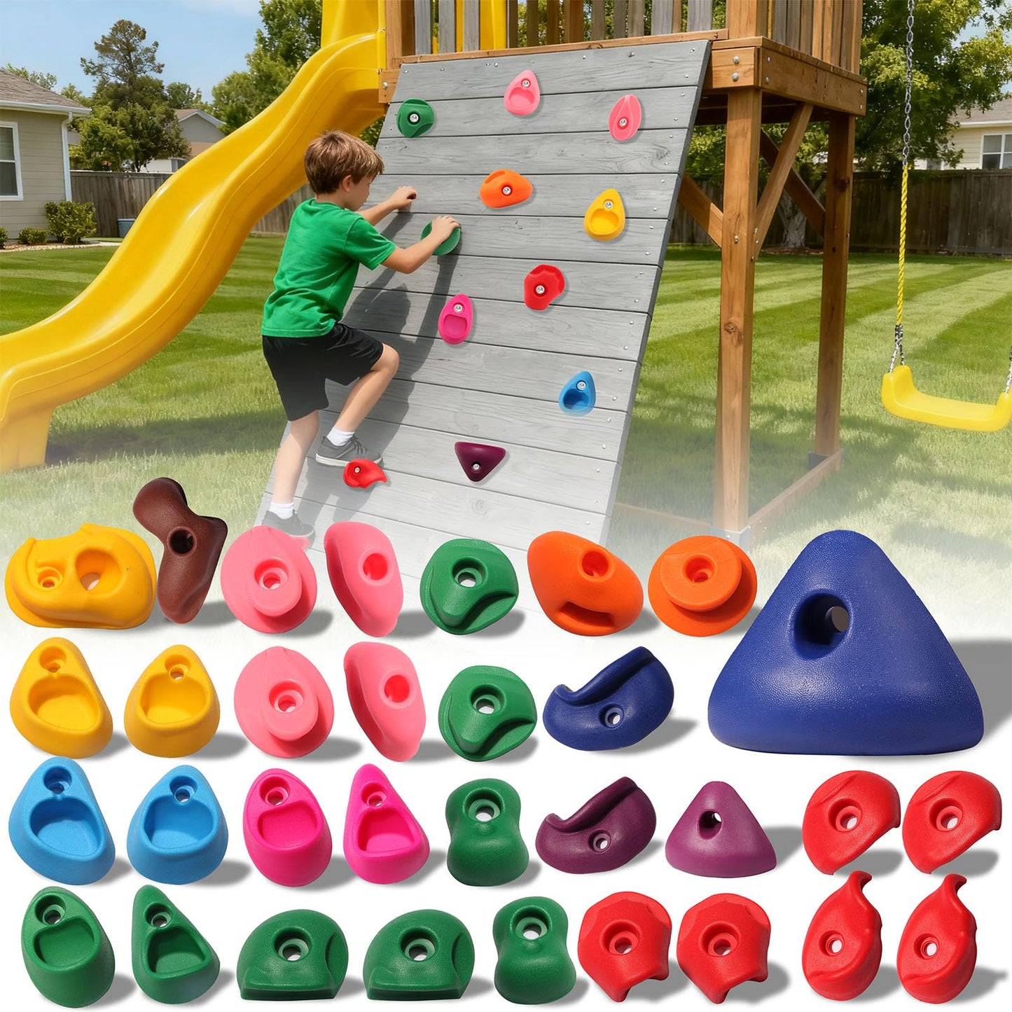 NEATATOU 32 PCS Rock Climbing Holds for Kids,Rock Climbing Wall Grips Climbing Rocks Wall Kit for Indoor and Outdoor Playground Play Set with Hardware （Style A）