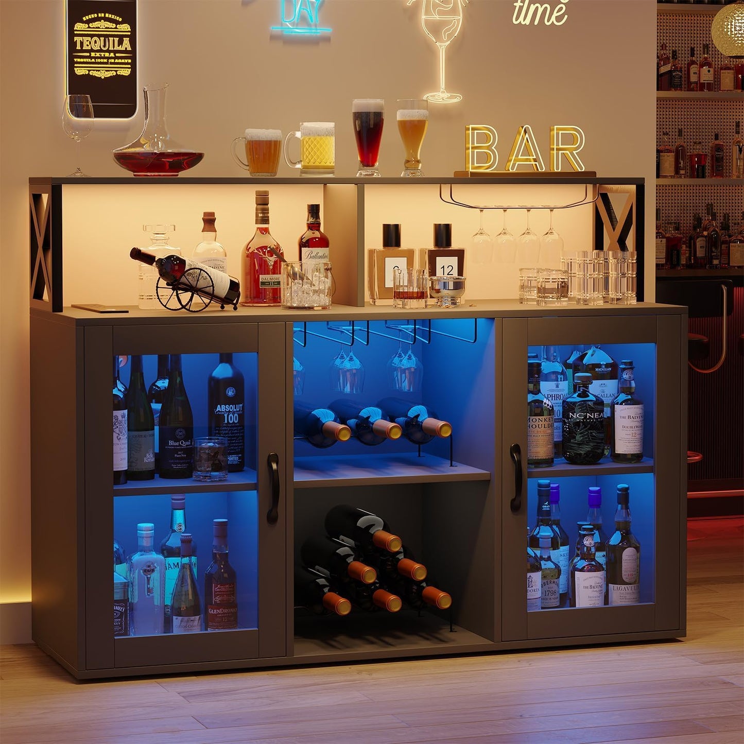 BouPower 47" Wine Cabinet with LED Light, Home Coffee Cabinet with Wine Rack and Glass Holder, Coffee Bar Buffet Sideboard Storage with Power Outlets, for Living Room, Dining Room, Black