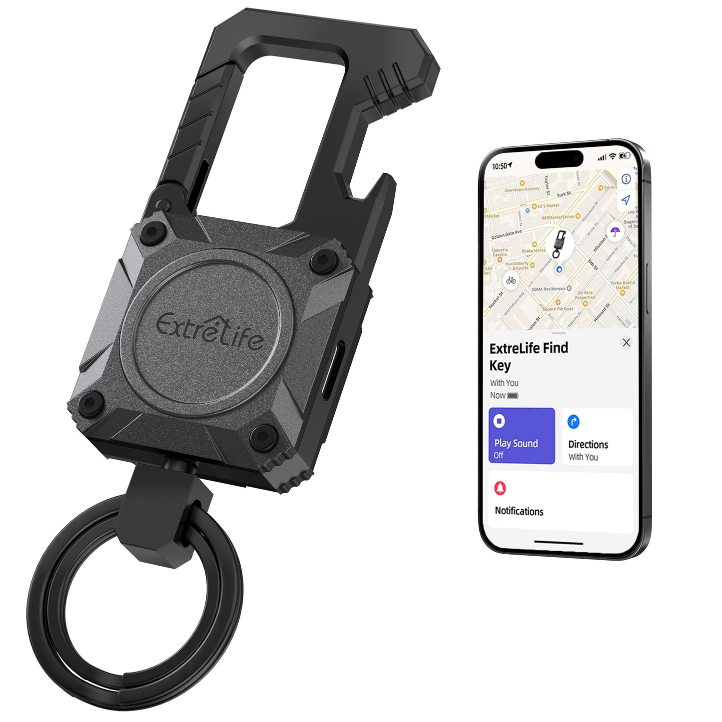 ExtreLife Keychain, Works with Apple Find My, Heavy Duty Keychain Bottle Opener, Carabiner Car Key Chains with Gps Tracker, Key Finder, Bluetooth Tracker, Rechargeable, Space Gray