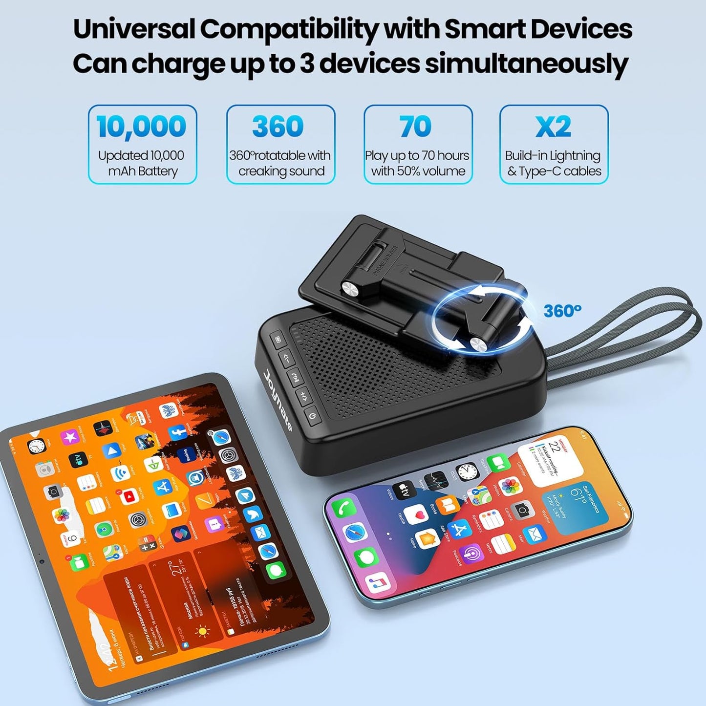 Joymate 10,000mAh 360 Gifts for Men Women, Charging Phone Stand with Cables and Bluetooth Speaker, Rotatable Angle Cell