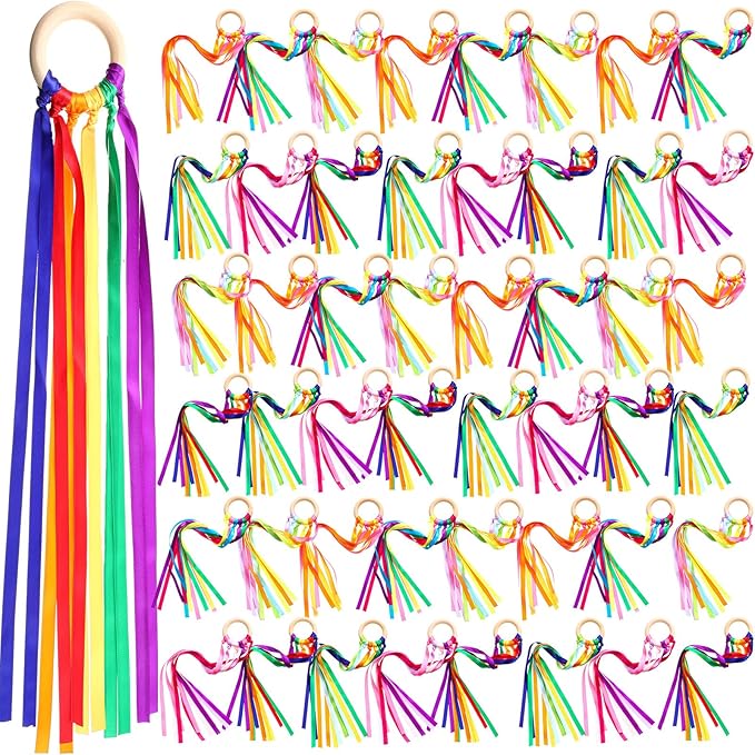 Junkin Ribbon Rings Hand Kite Waldorf Toys Dancing Wrist Ribbons Rainbow Streamers with Wood Ring Sensory Learning Educational Toy for Playroom Dancing Birthday Party Gift(24 Pcs)