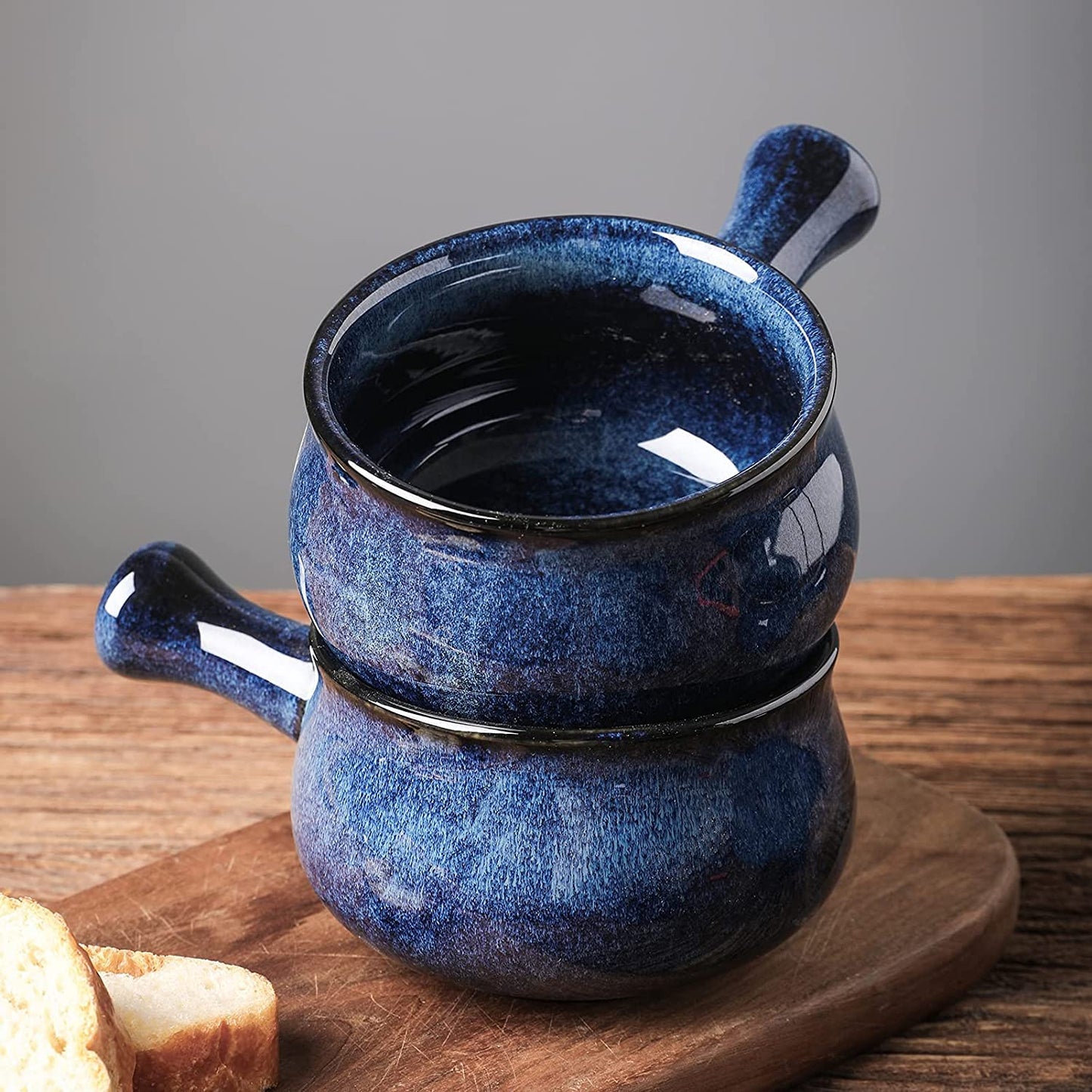 vicrays French Onion Soup Bowls With Handles, 26 Ounce for Soup, Chili, Beef Stew, Chip Resistant, Dishwasher Microwave Safe, Set of 4 (Blue)