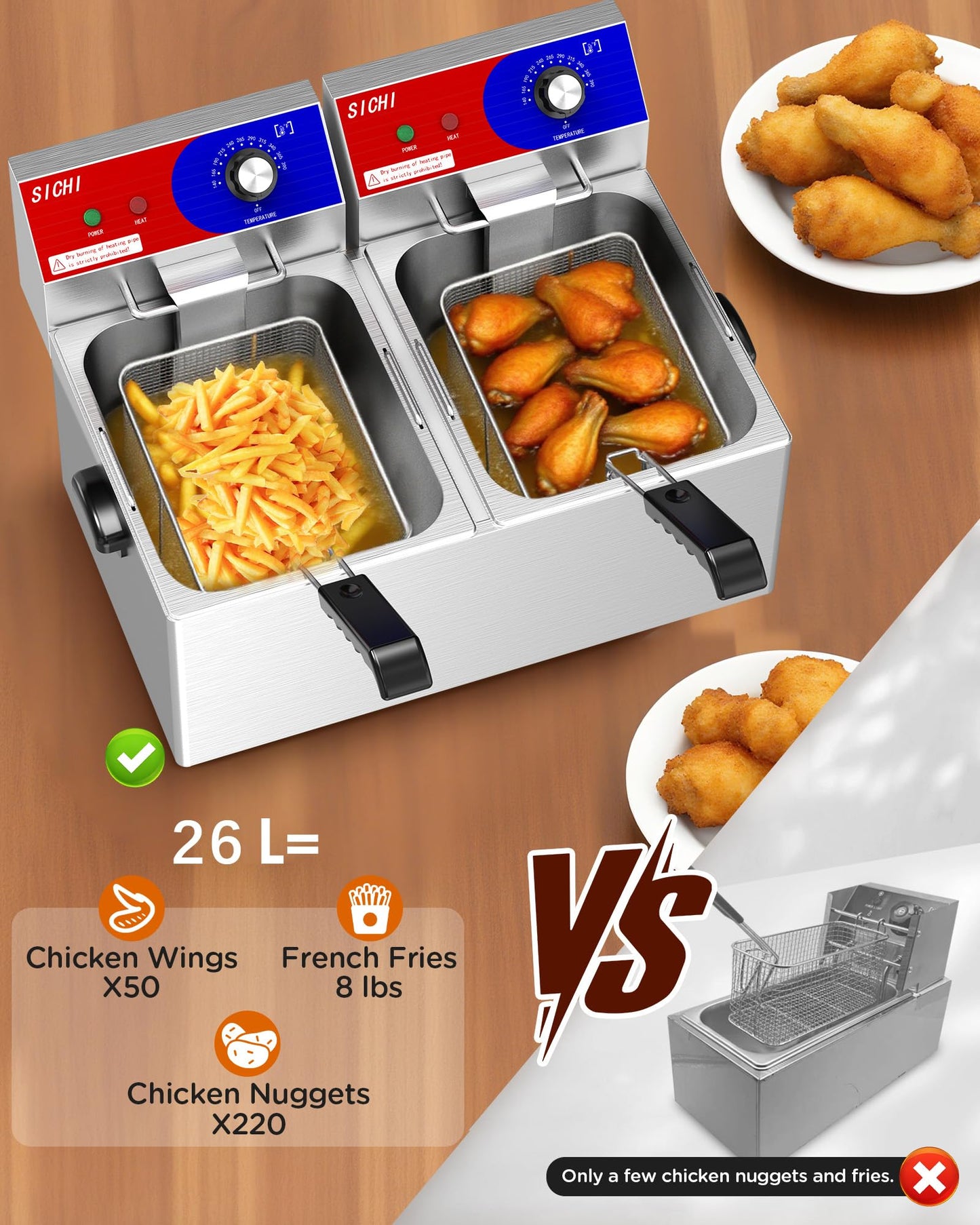HTTSICHI Commercial Deep Fryer - 26 L Large Deep Fryer with 10 L Basket, Commercial Deep Fryer with Basket (2Pcs), Stainless Steel Countertop Deep Fryer w/Adjustable Temperature and Restaurant Use