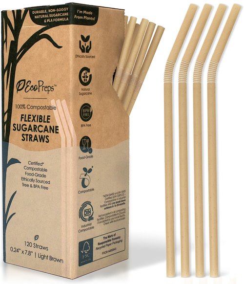 EcoPreps Flexible Biodegradable Sugarcane Straws, 120 Count | 100% Compostable, Plastic-Free, Eco-Friendly Drinking Straws for Cold Drinks | 7.8'' Bendable, Disposable Sugarcane Fiber Straw (120 PCS)