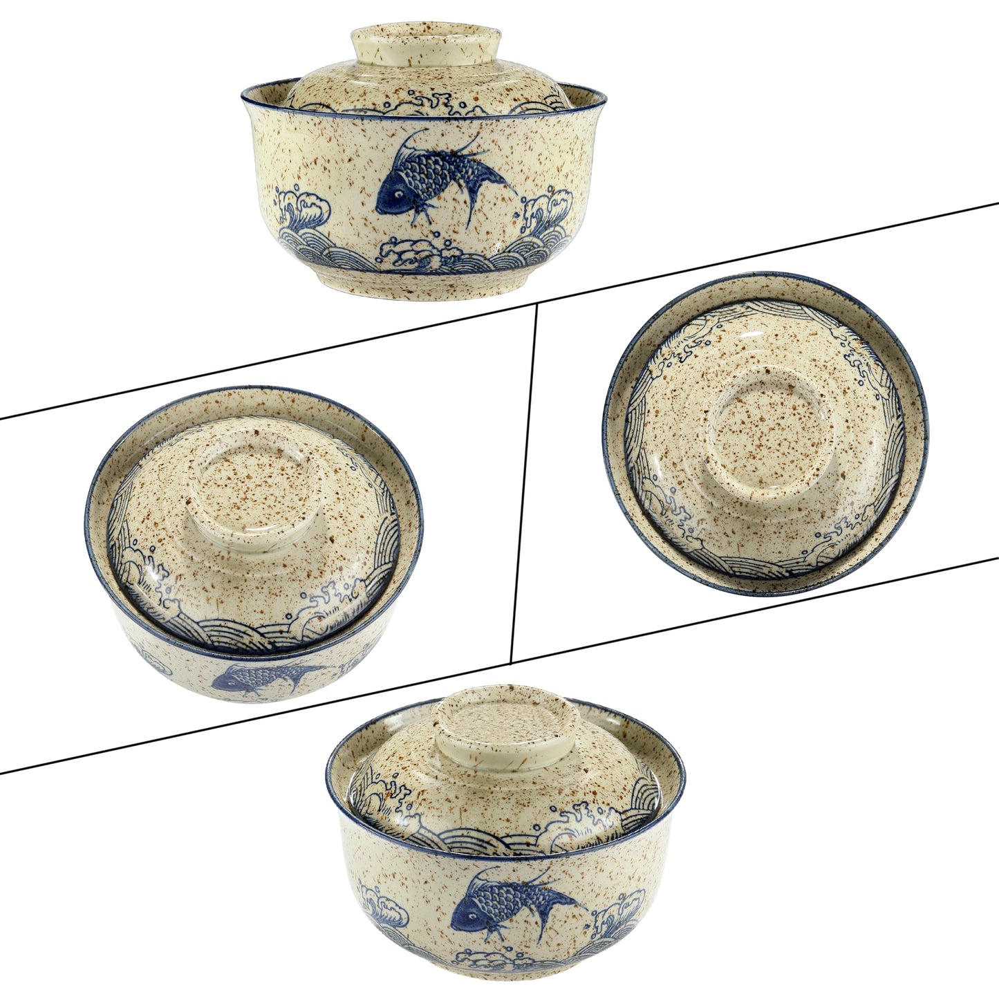 Ramen Bowl, DV 25 OZ Microwavable Japanese Korean Ramen Soup Bowl with Lid, Blue Fish and Wave Design