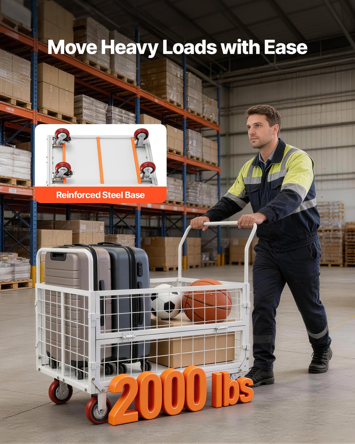 VEVOR Platform Truck Cart with Cage, 2000 lbs Capacity, 6-in-1 Foldable Flatbed Cart with Swivel Wheels, Heavy Duty Hand Truck, Multi-Functional Push Dolly, for Grocery Laundry, 44.5 x 26.6 x 42.1 in