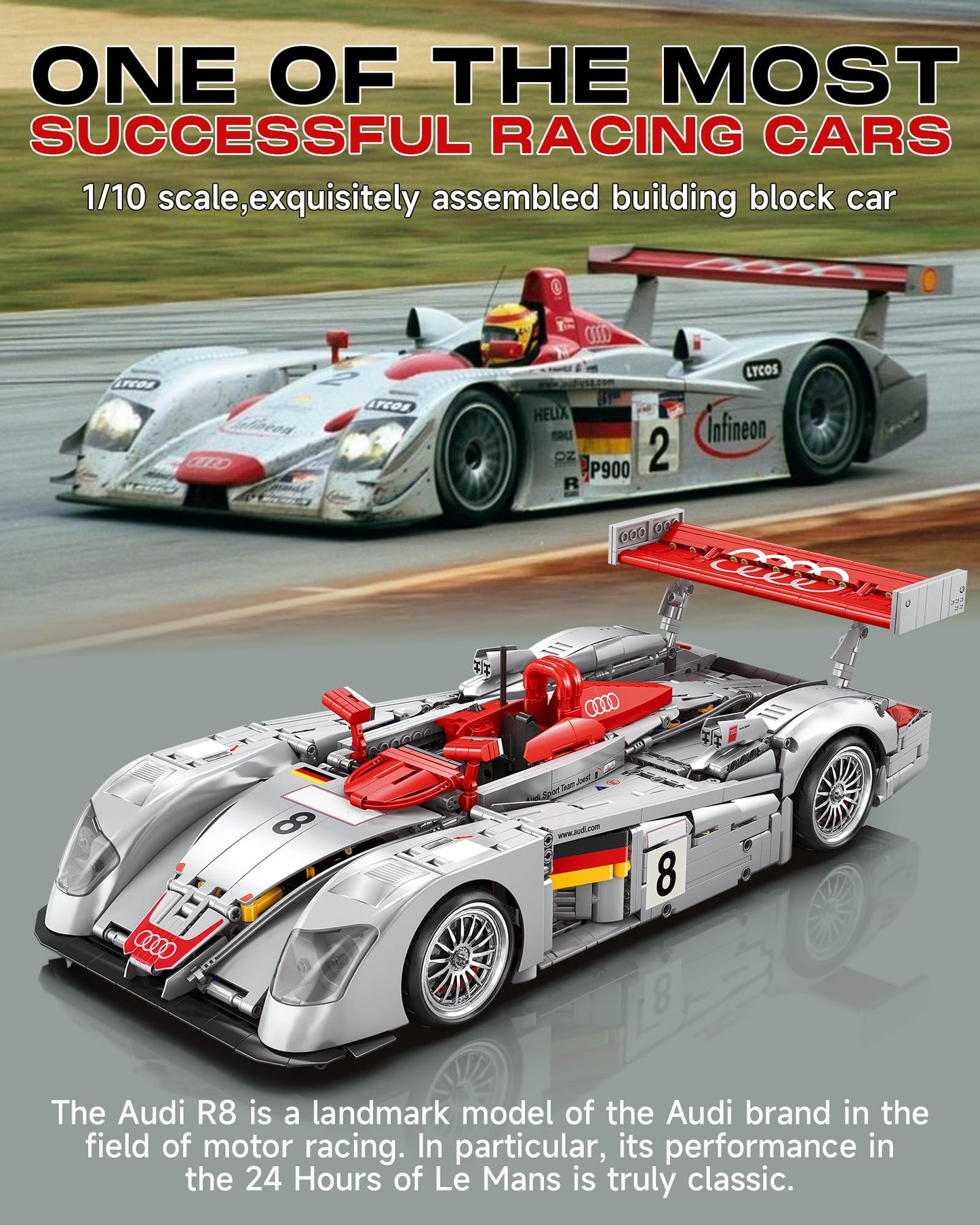 MOCBURIKU Audi R8 LM-P 24H Le Mans Winner, Collectible Race Car Building Kit for Adults Teens, 1:10 Scale Racing Techinc Car Model, Home or Office Décor Gift for Motorsport Fans Age 14+ (2,426 PCS)