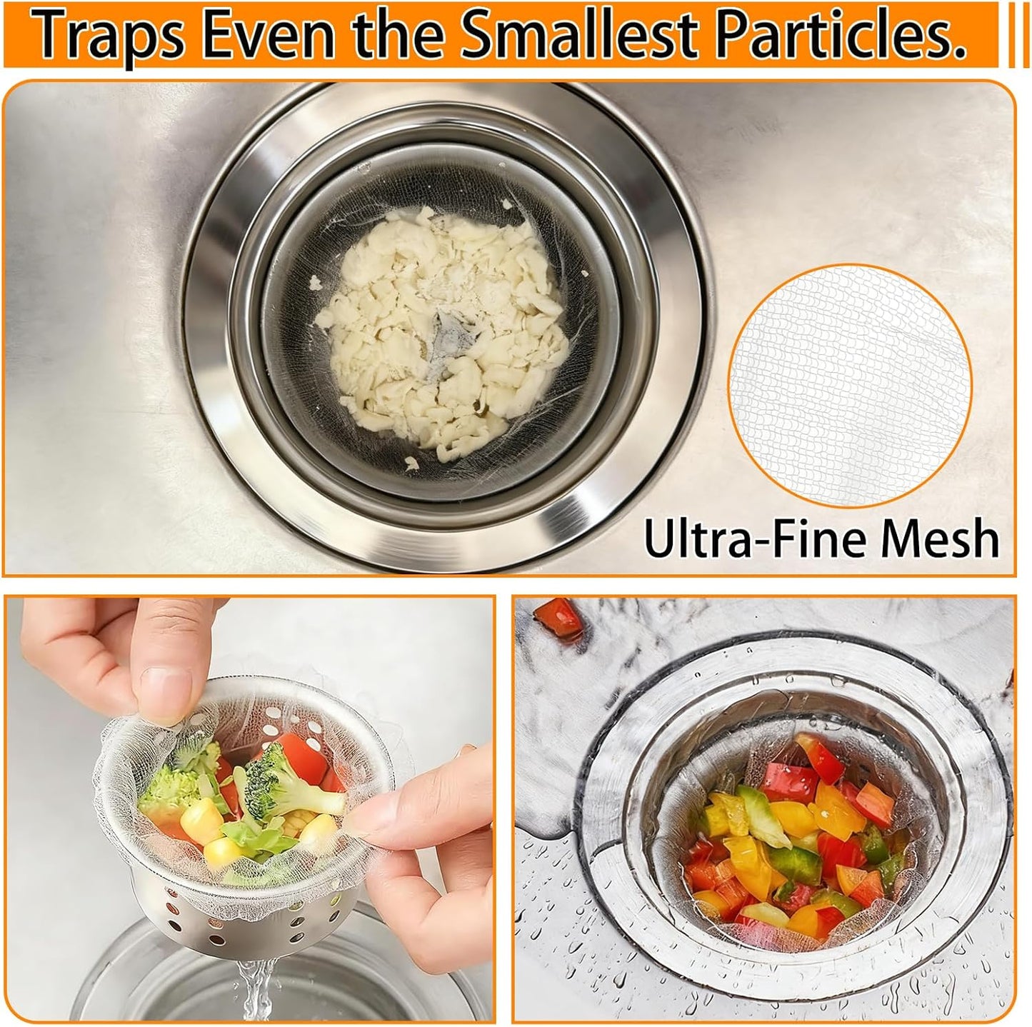 Skiennix Disposable Sink Strainer Bags - Ultra-Fine Elastic Mesh Food Catcher | 400 Pack for Kitchen Drains