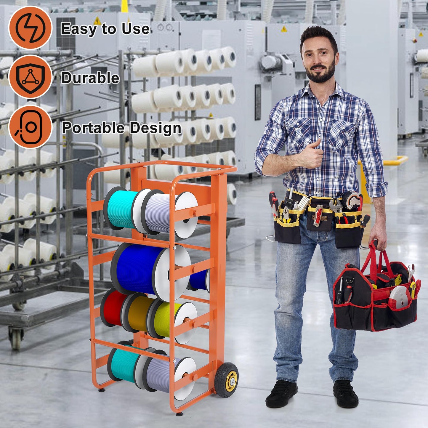Wire Spool Rack Cable Caddy,Portable Wire Rack Dispenser with Wheel,Automotive Wiring Storage, Multi-Spool Wire/Cable Dispenser for Electrical Industrial & Retail Use