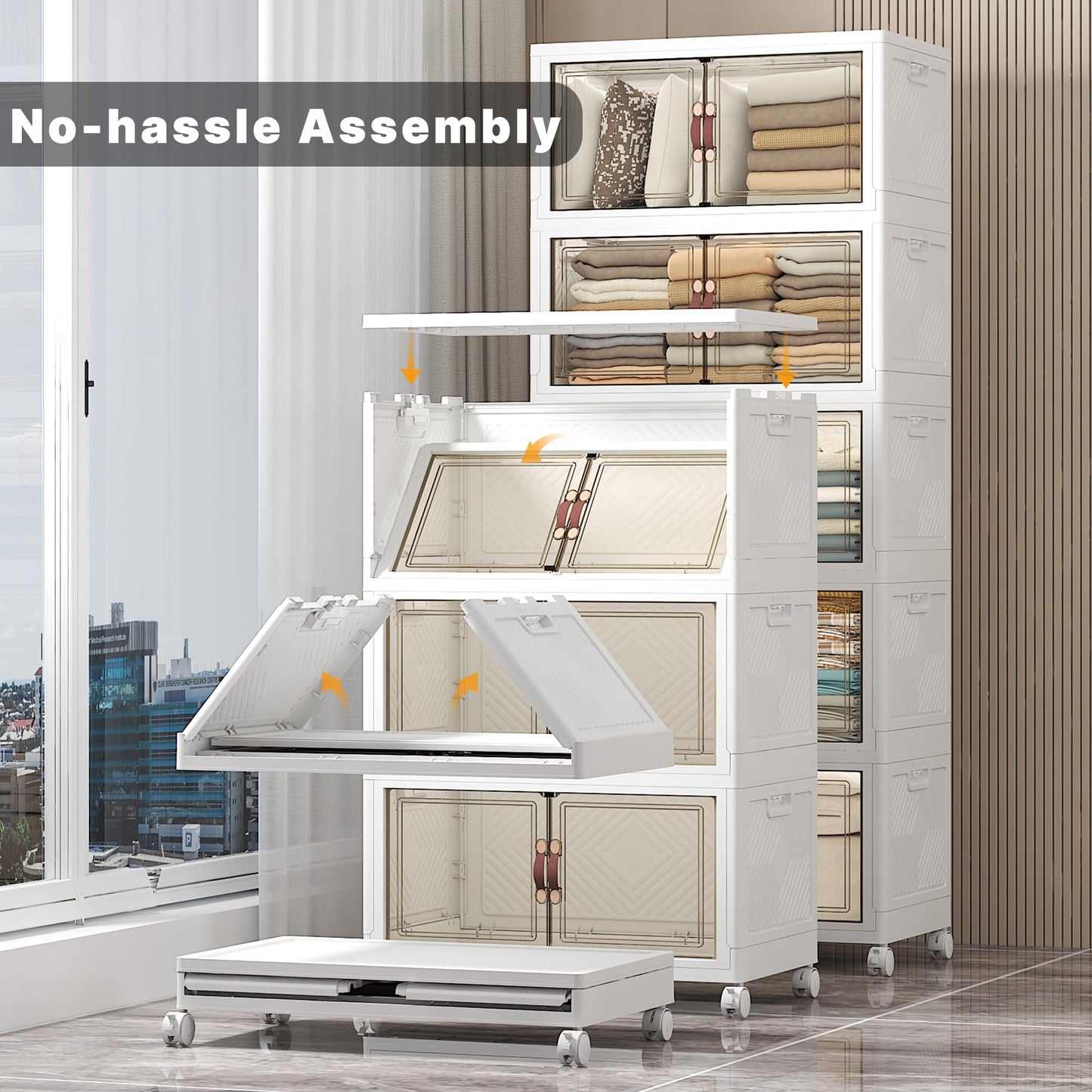 UAMFURI Stackable Storage Bins with Lids, 560QT Closet Organizers and Storage with Doors and Wheels, Extra Large Storage Cabinet, Collapsible Plastic Drawers for Bedroom Dorm Office Garage