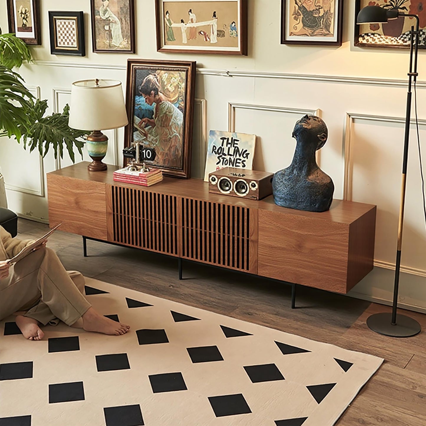 gaoyangjiaju 94.48" Mid Century Modern TV Stand for TVs up to 70"-90",Tv Console with 4 Storage Cabinets, Media Furniture for Living Room or Bedroom,Walnut