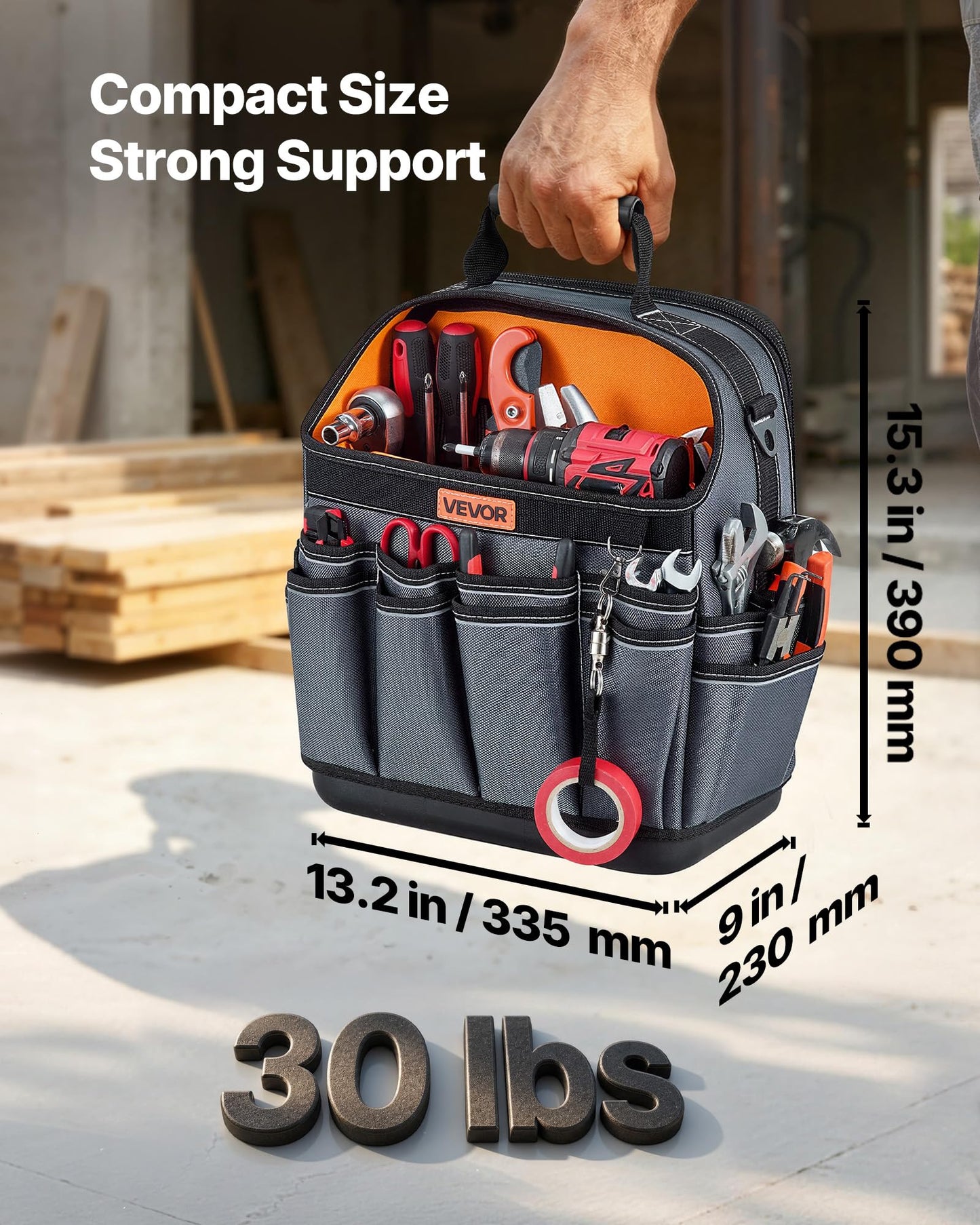 VEVOR Tool Bag, 13.2 Inch, 39-Pocket Open Top Tool Pouch, Portable Electrical Maintenance Toolbox Organizer Storage with Hard Plastic Base, Adjustable Shoulder Strap, for Professionals DIY & Jobsite