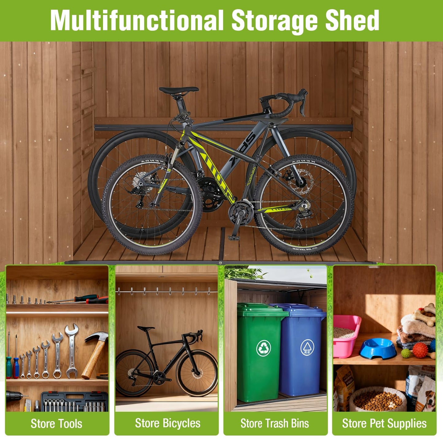 Joyqinchen Outdoor Storage Shed with Strong Metal Frame, Wooden Garden Sheds with Adjustable Shelves and Removable Floor, Weatherproof Outdoor Trash Can Shed, Horizontal Storage Cabinet for Patio
