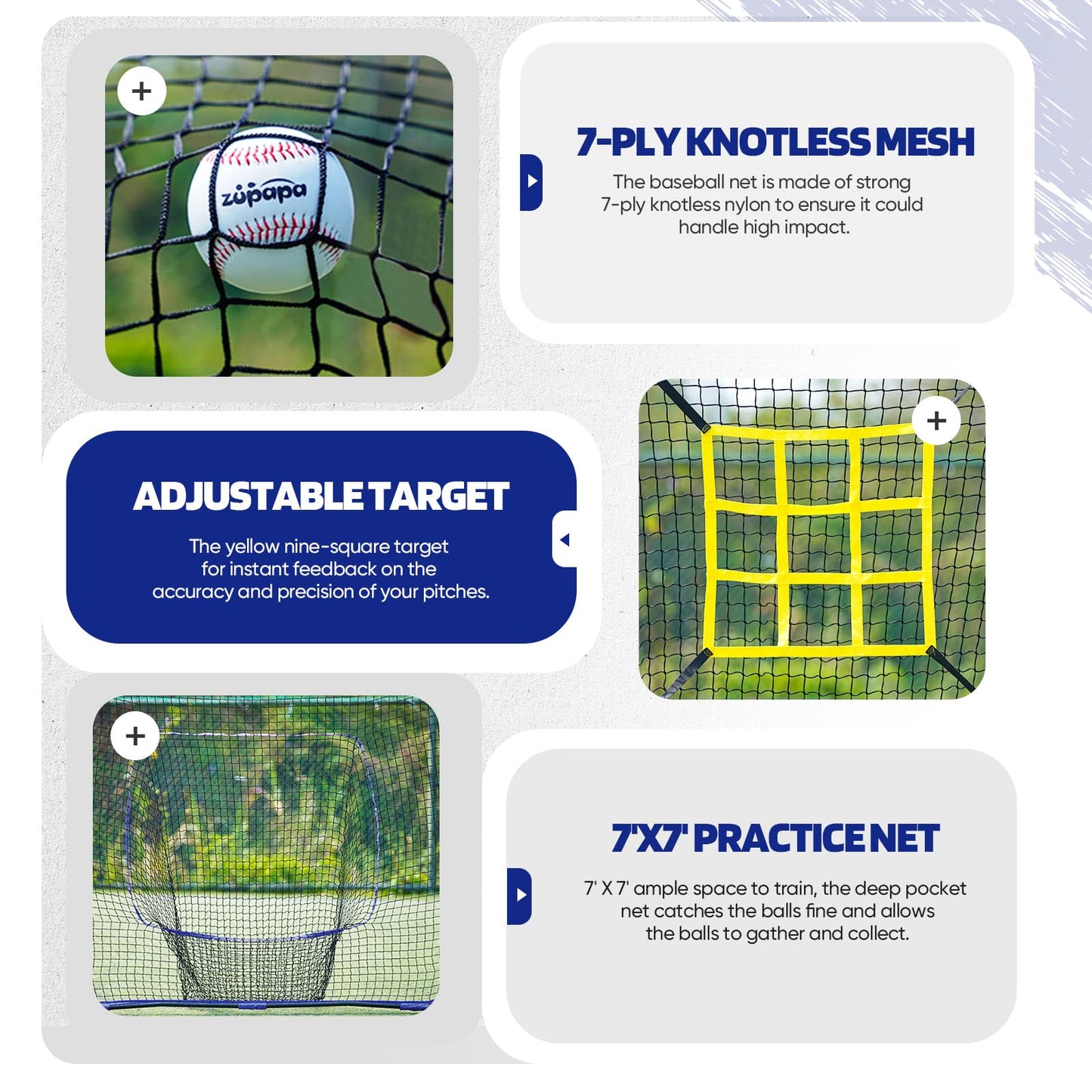Zupapa 7x7 Feet Baseball Softball Hitting Pitching Net Tee Caddy Set with Strike Zone, Baseball Backstop Practice Net for Pitching Batting Catching for All Skill Levels (Blue)
