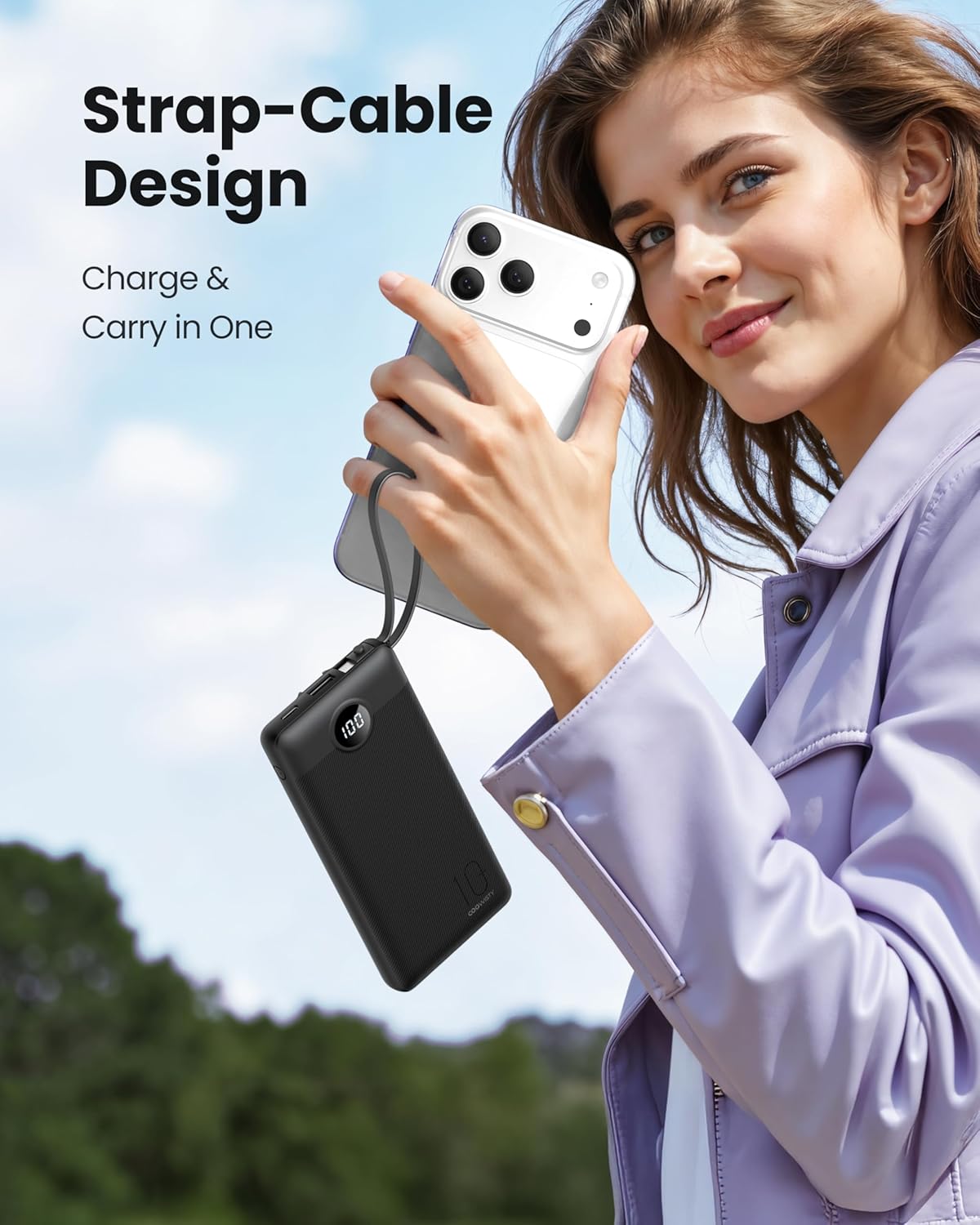 Coowisty 10000mAh Pack 5 2 Portable Charger with Built-in Cables, Slim Power Bank with USB C, Travel Essentials