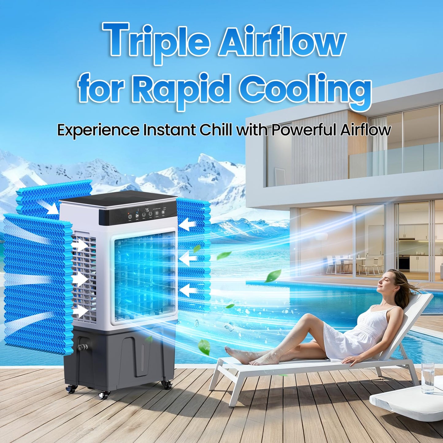 Swamp Cooler Air Conditioner, 4-in-1 Evaporative Air Cooler with 7.5-Gal Water Tank, 4 Modes, 3 Speeds, Dry Burn Protection, Remote, 12H Timer, Portable Windowless AC for Home, Office, Garage