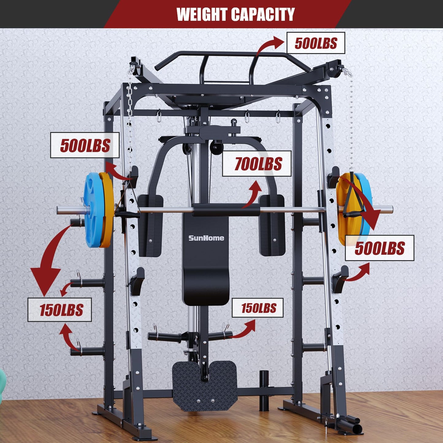 SunHome Smith Machine, Power Cage Squat Rack with Smith Bar, LAT Pull-Down Systems, Cable Crossover Machine and Cable Attachment for Home Gym