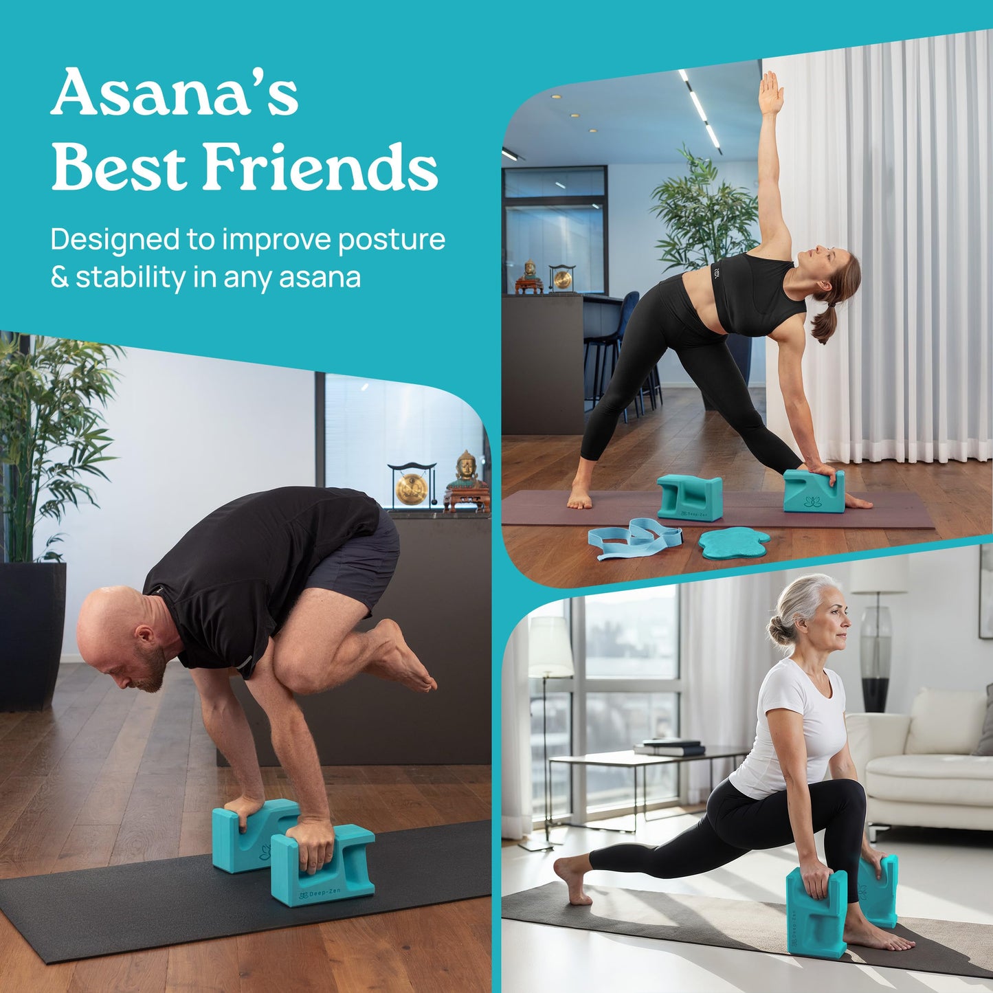 Deep-Zen PRO Yoga Blocks | Ergonomic Yoga Block 2 Pack for Wrist Comfort and Support | EVA Foam Exercise Blocks, 2x Knee Pads & Yoga Strap | Pilates Block Set | Bricks to Eliminate Wrist Pain (Blue)