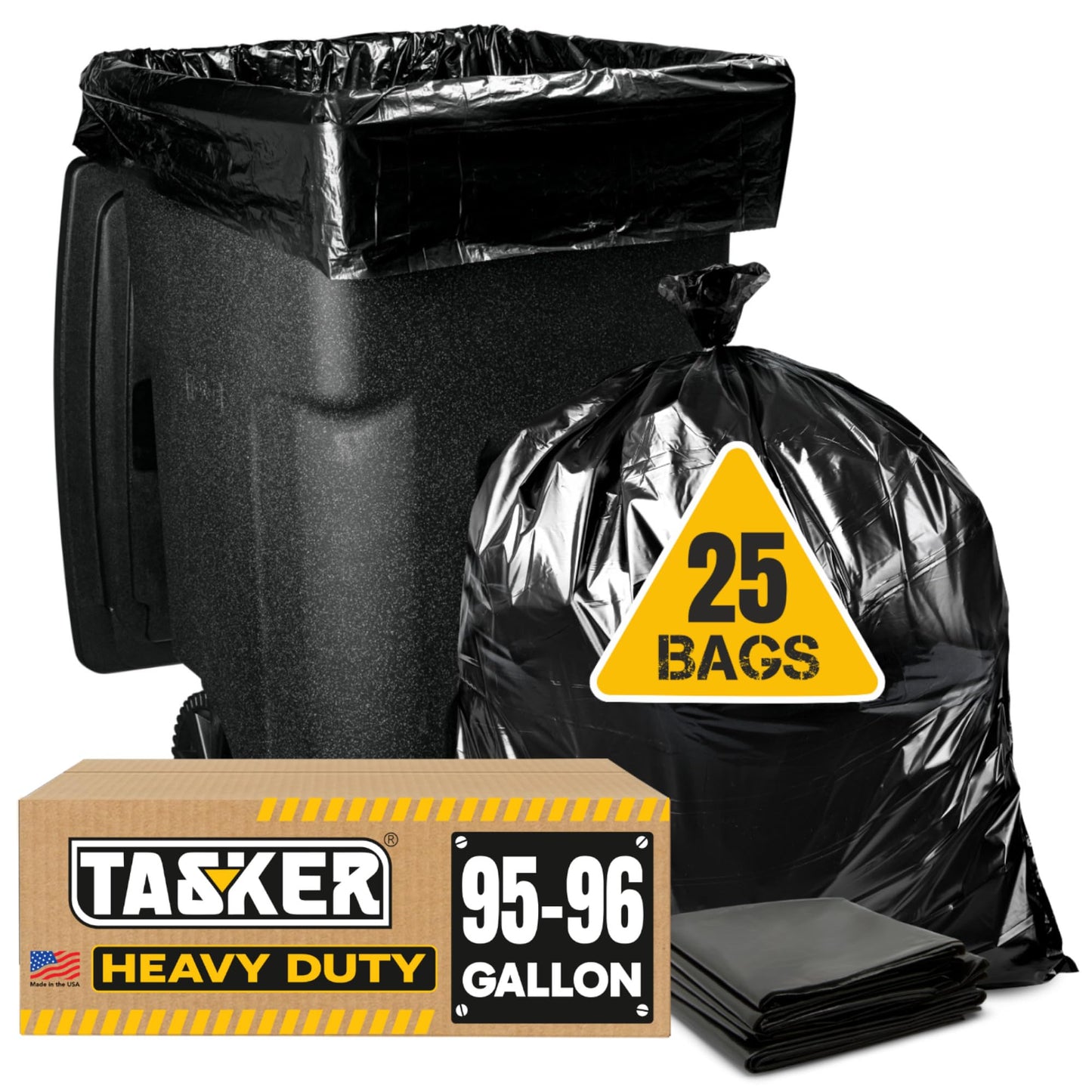Tasker 95 Gallon Contractor Garbage Bags - 2 Mil Extra Heavy Duty Trash Bags - 96-100 Gallon Trash Can Liners, Industrial Trash Bags with Ties - 25 Count