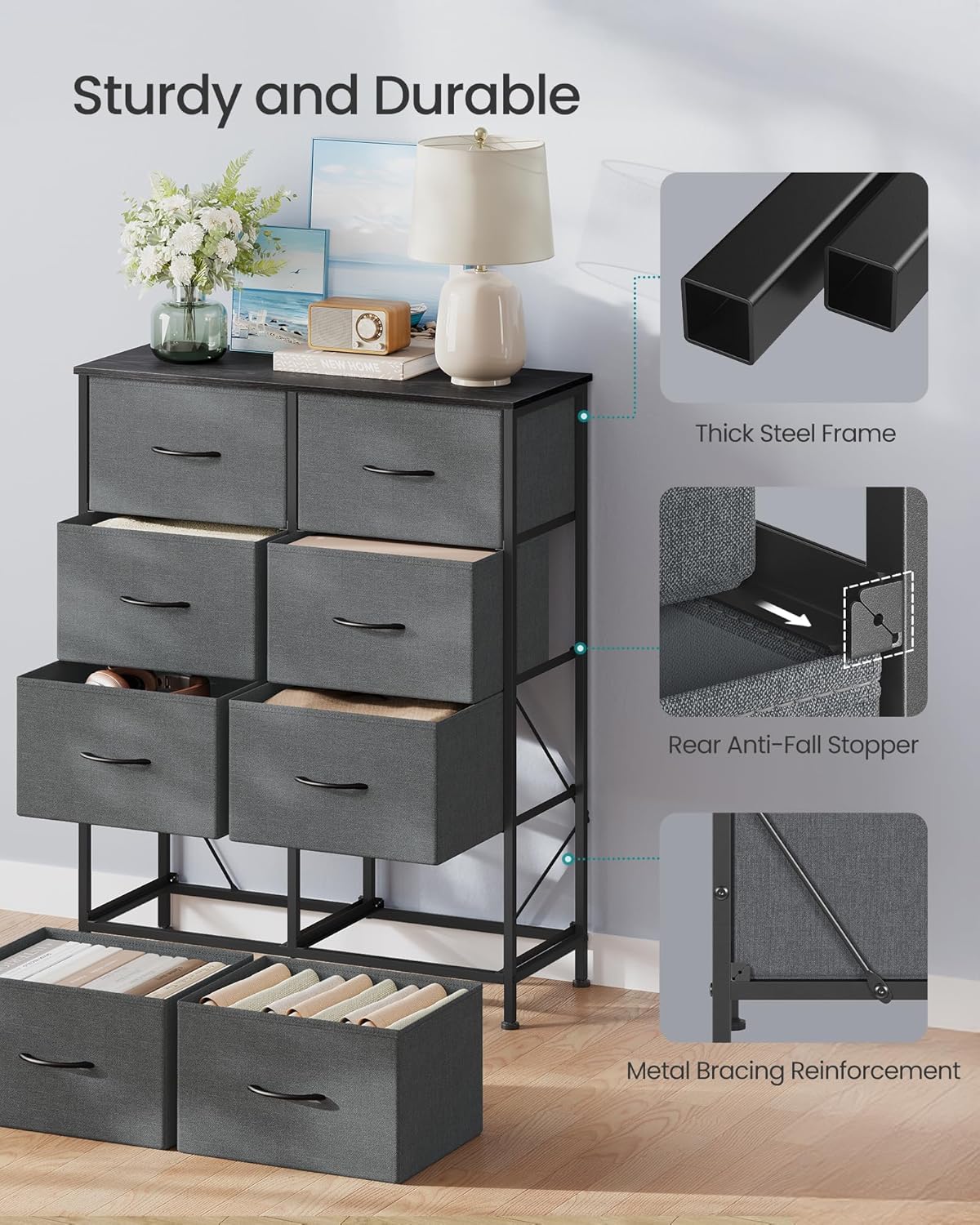 SONGMICS Dresser - Modern 8-Drawer Storage Organizer Unit for Bedroom & Entryway | Slate Gray
