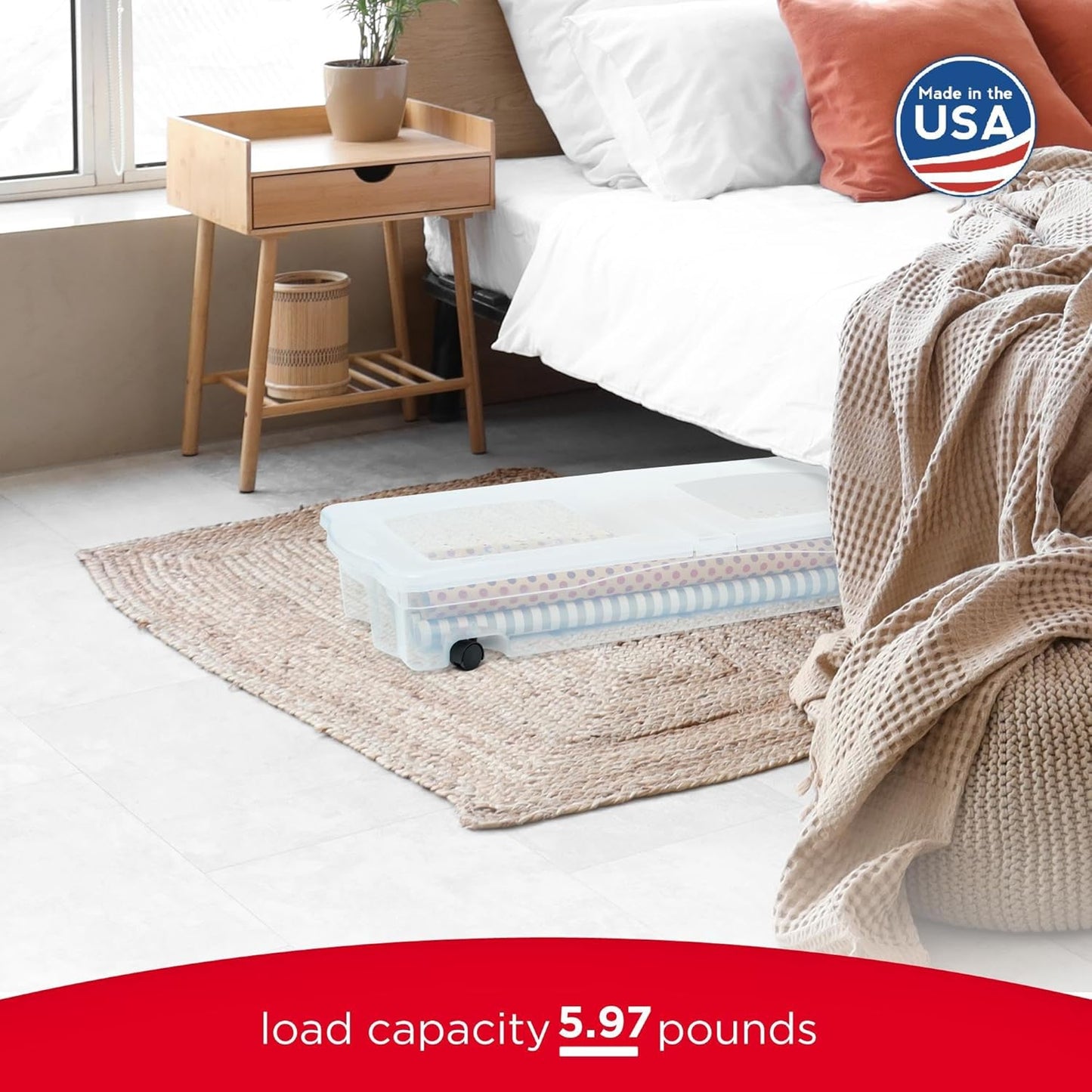 Rubbermaid 70 Quart Under Bed Storage Boxes - Dual Hinged Lids & Rolling Caster Wheels | Clear, 2 Pack