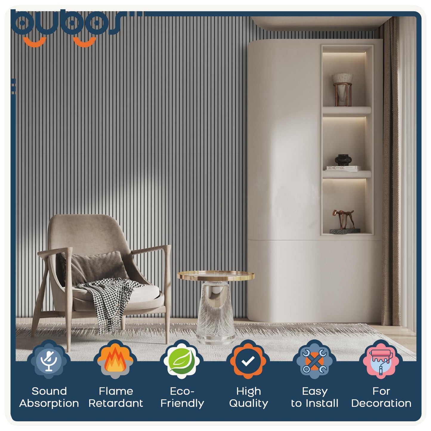 BUBOS 10 Pack Large Acoustic Panels, 48"X 12"X 0.4" Sound Proof Panels for Walls,Decorative Self-Adhesive Acoustical Wall Panels,3D Slat Sound Panels for Home Office Studio (White 01)