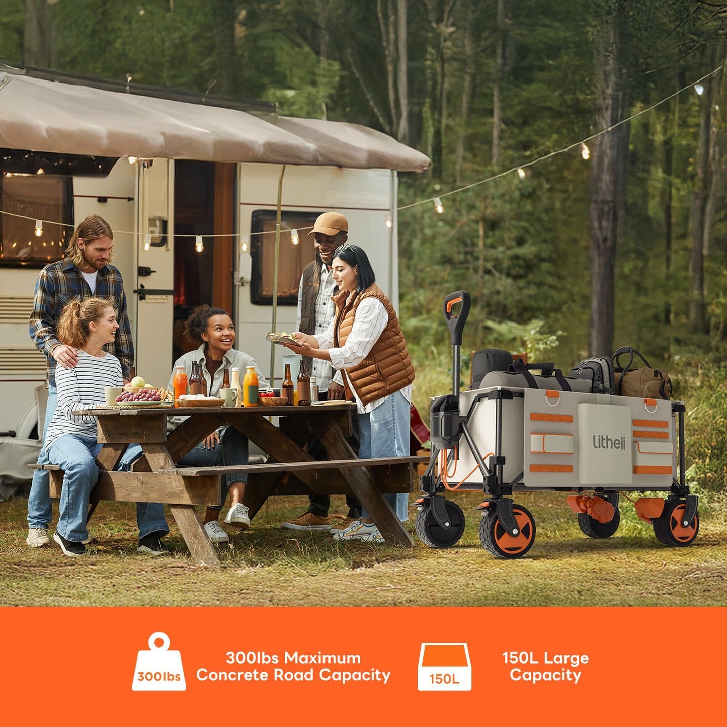 Litheli Electric Utility Wagon Cart, 150L Capacity, 450 lbs Load, Foldable Heavy-Duty Design with All-Terrain Wheels, Variable Speed Drive & Battery Power for Camping, Beach, Garden & Shopping
