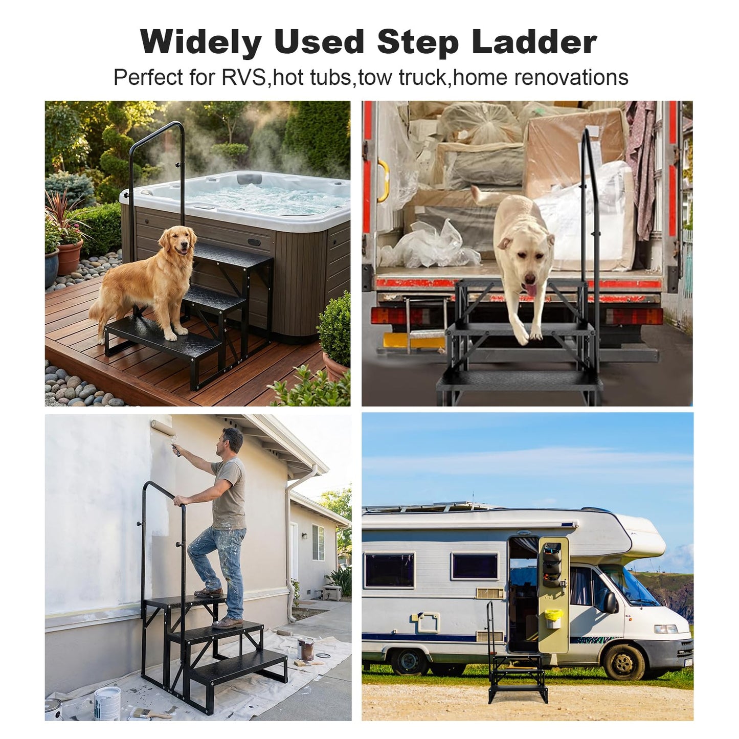 RV Steps with Handrail, 3 Step Heavy Duty Outdoor RV Stairs with Non-Slip Tread, Portable Travel Trailer Steps for Camper, Mobile Home, Hot Tub, 5th Wheel, Anti-Slip Platform