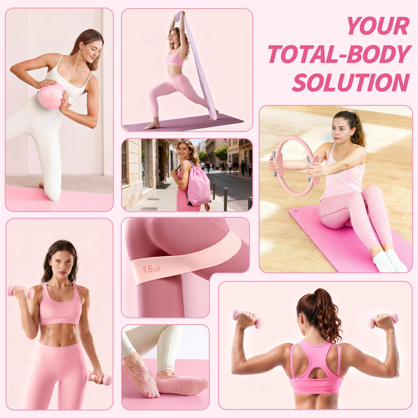 NANATI Pilates Kit 17PCS,Pilates Essential Kit for Women, Pilates Equipment with 14.5" Pilates Ring and Ball,8 Resistance Bands,Dumbbells & Grip Socks Accessories, Home Pilates Workout Kit for Starter