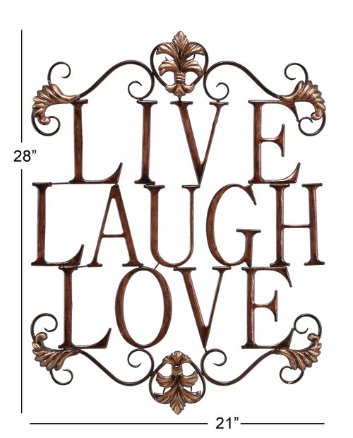 Deco 79 Metal Sign Live Love Laugh Wall Decor with Scrollwork, 21" x 1" x 28", Brown