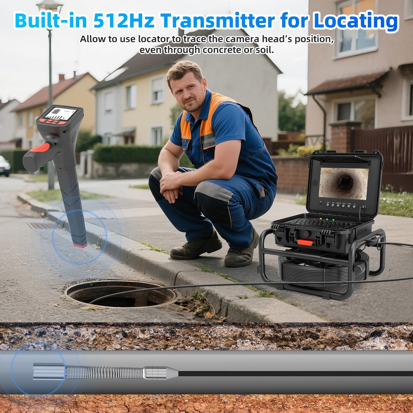 Sanyipace Sewer Camera with 512Hz Transmitter,10" Plumbing Camera with Distance Counter, IP68 Camera with 12 Adjustable LEDs,32GB DVR for Sewer Line,Home,Duct Drain Pipe Plumbing（100ft/30m,7mm Cable