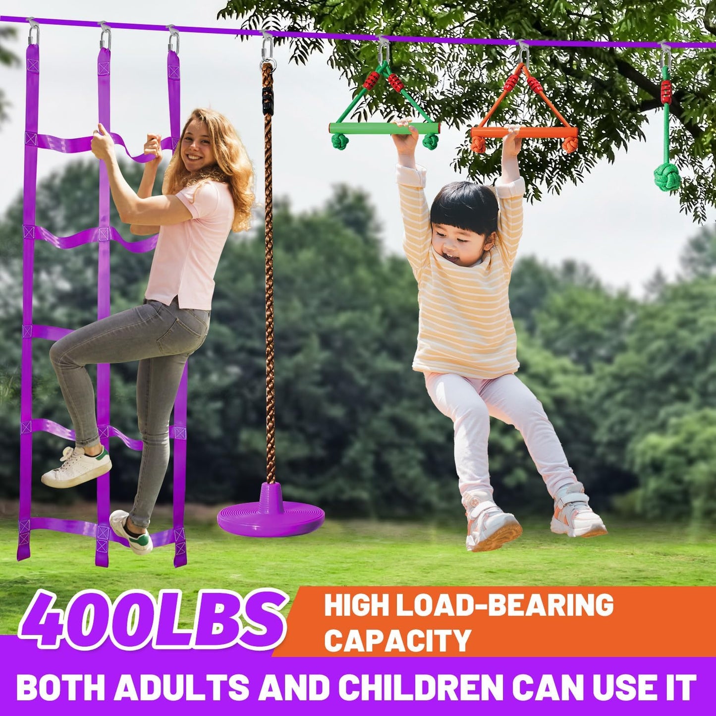 AOBOTE Ninja Warrior Obstacle Course for Kids-Slackline 52ft with 9 Accessries,Awing Seat,Climbing Net,Monkey Bar -Obstacle Course Outdoor-Playset Equipment for Girls & Boys