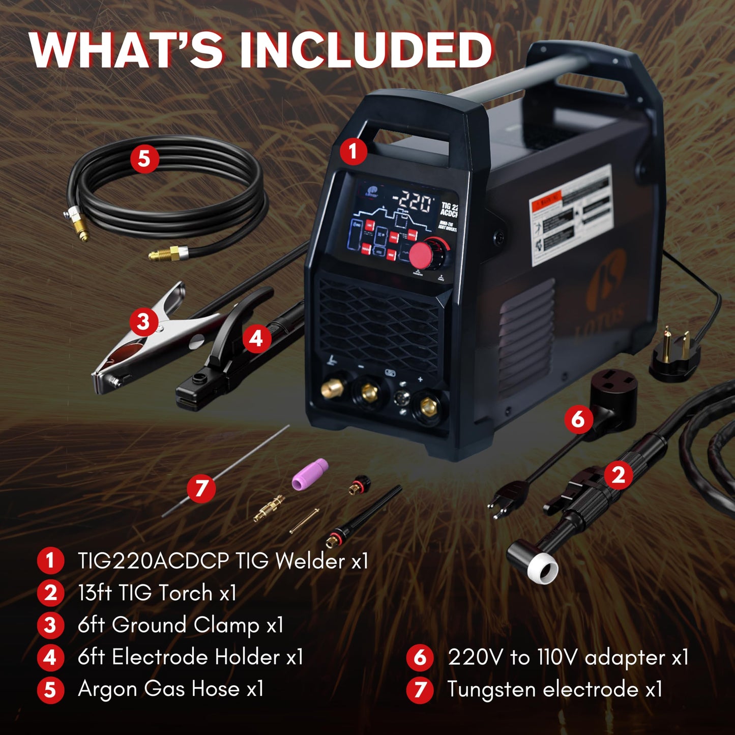 LOTOS TIG220ACDCP 220A AC/DC TIG Welder, Digital Display, 13-in-1, Pulse, Spot, Stick, HF Start, Dual Voltage 110/220V, 3 AC Waves, Aluminum Stainless Steel Welding