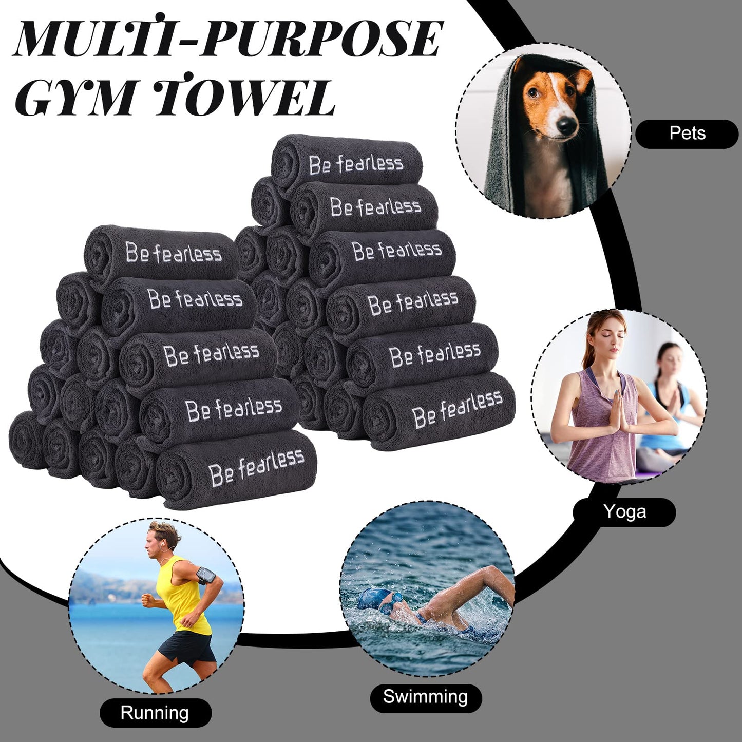 Newwiee 36 Pcs Microfiber Gym Towels for Exercise Fitness Bulk 32 x 16 Inch Soft Quick-Drying Sweat Absorbent Yoga Towel for Women Men Be Fearless Sport Towel for Cycling, Swimming, Workout, Camping
