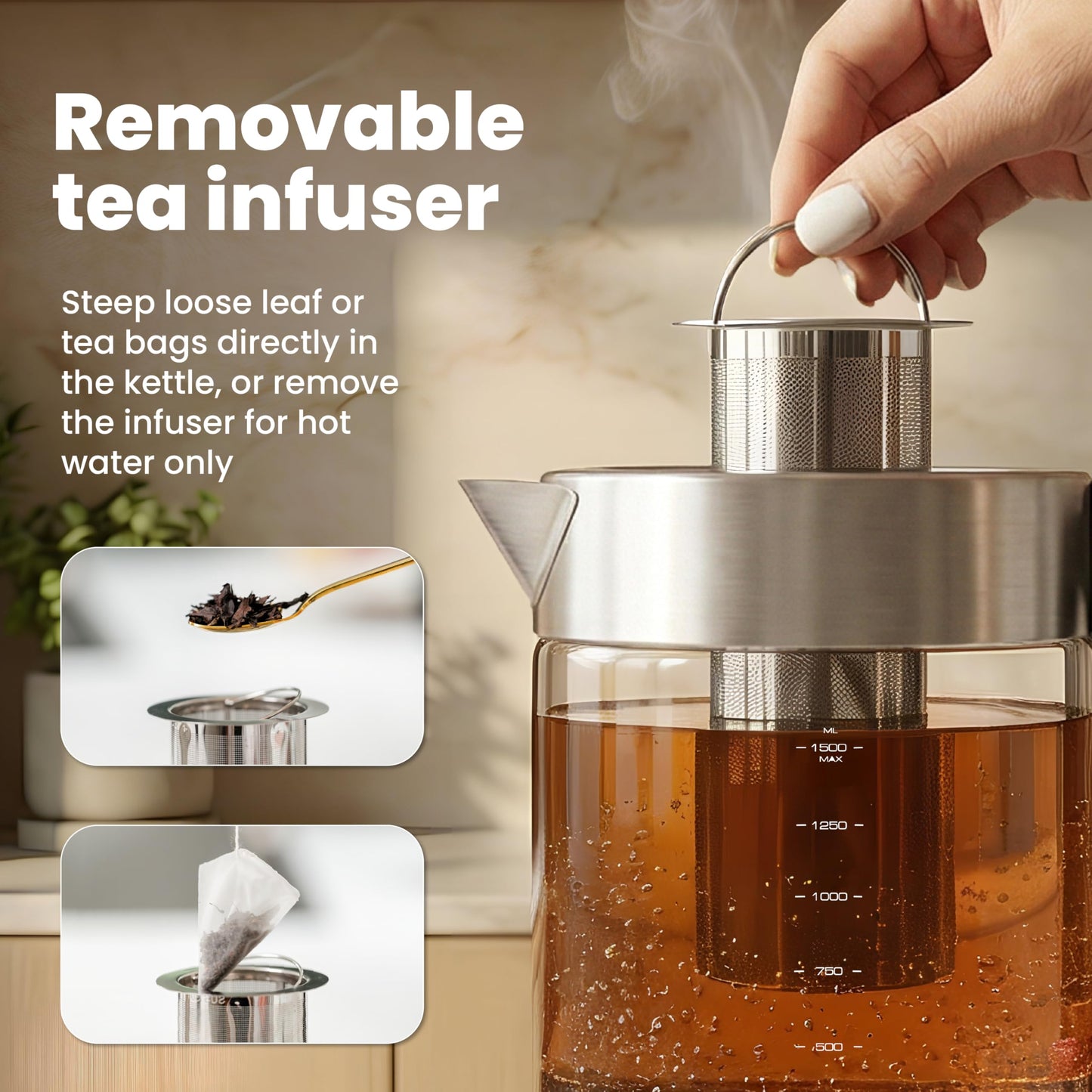 Viante Alba Electric Tea Kettle with Infuser, No Plastic In Contact With Water, 1.5L Borosilicate Glass, 304 Stainless Steel, 4 Temperature Presets, Keep Warm, Cordless, Auto Shut-Off