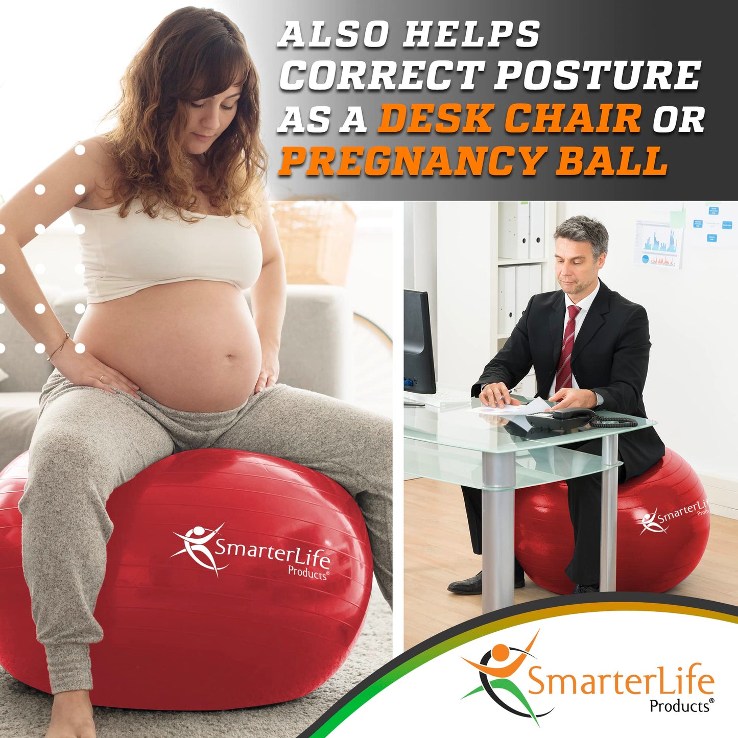 SmarterLife Exercise Ball, Yoga Ball for Fitness, Balance, Stability, or Pregnancy, Gym Ball for Core Workout, Physical Therapy, Yoga Ball Chair for Office, Anti-Slip Anti-Burst (45 cm, Red)