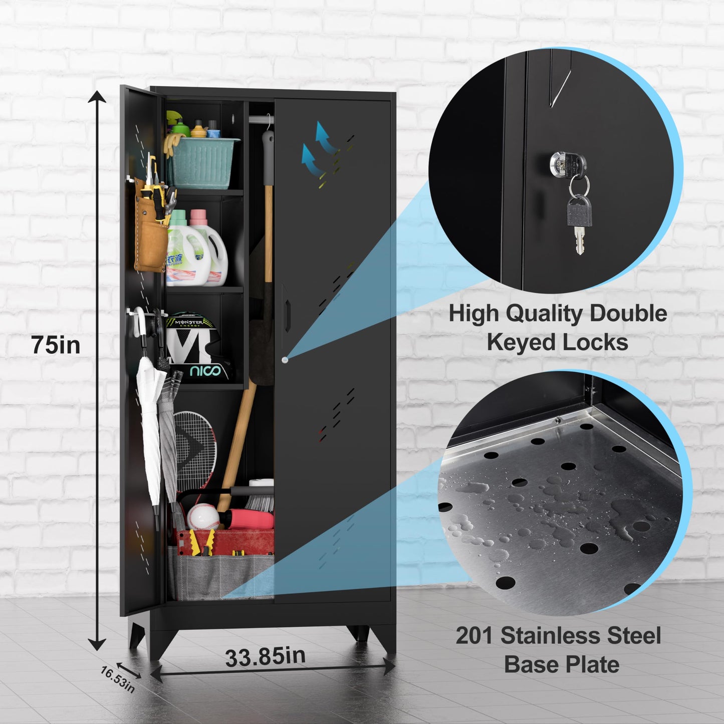 LyAosdFu Metal Storage Cabinet, 75" Cleaning Tool Cabinet with Locking Door, Tall Storage Sheds Tool Organizer, Large Broom Cabinet for Bathroom, Laundry Room, Kitchen, Pantry, and Humid Environments