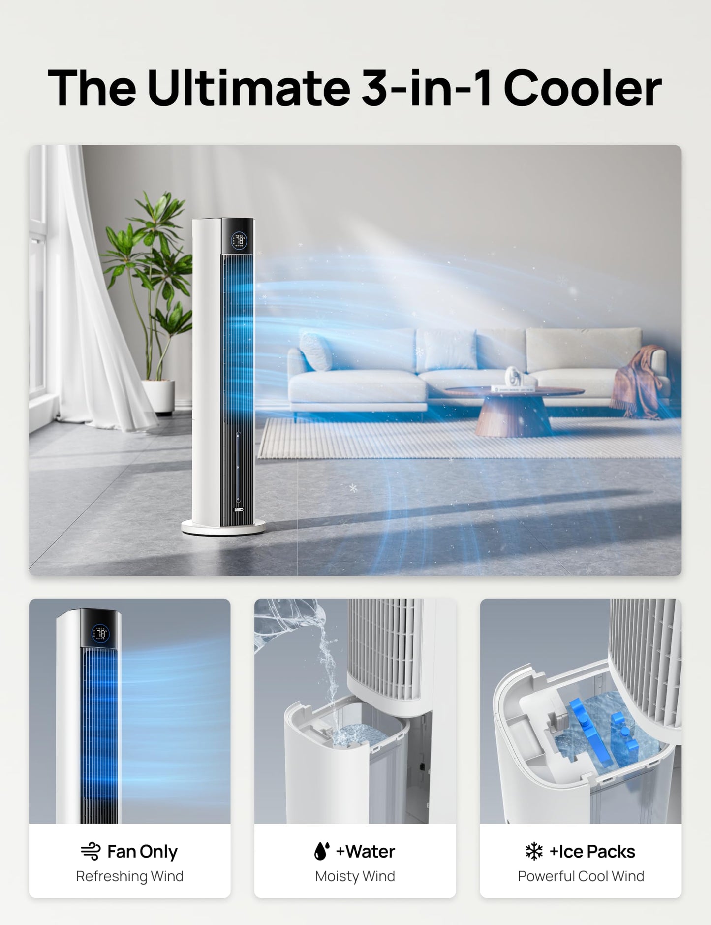 DREO Evaporative Air Swamp Cooler, 43" Cooling Fans that Blow Cold Air 2025 Upgraded, 85° Oscillating Floor Fan for Bedroom, Easy Cleaning, APP Control, Ice Packs, 4 Speeds & 4 Modes, 12H Timer, White