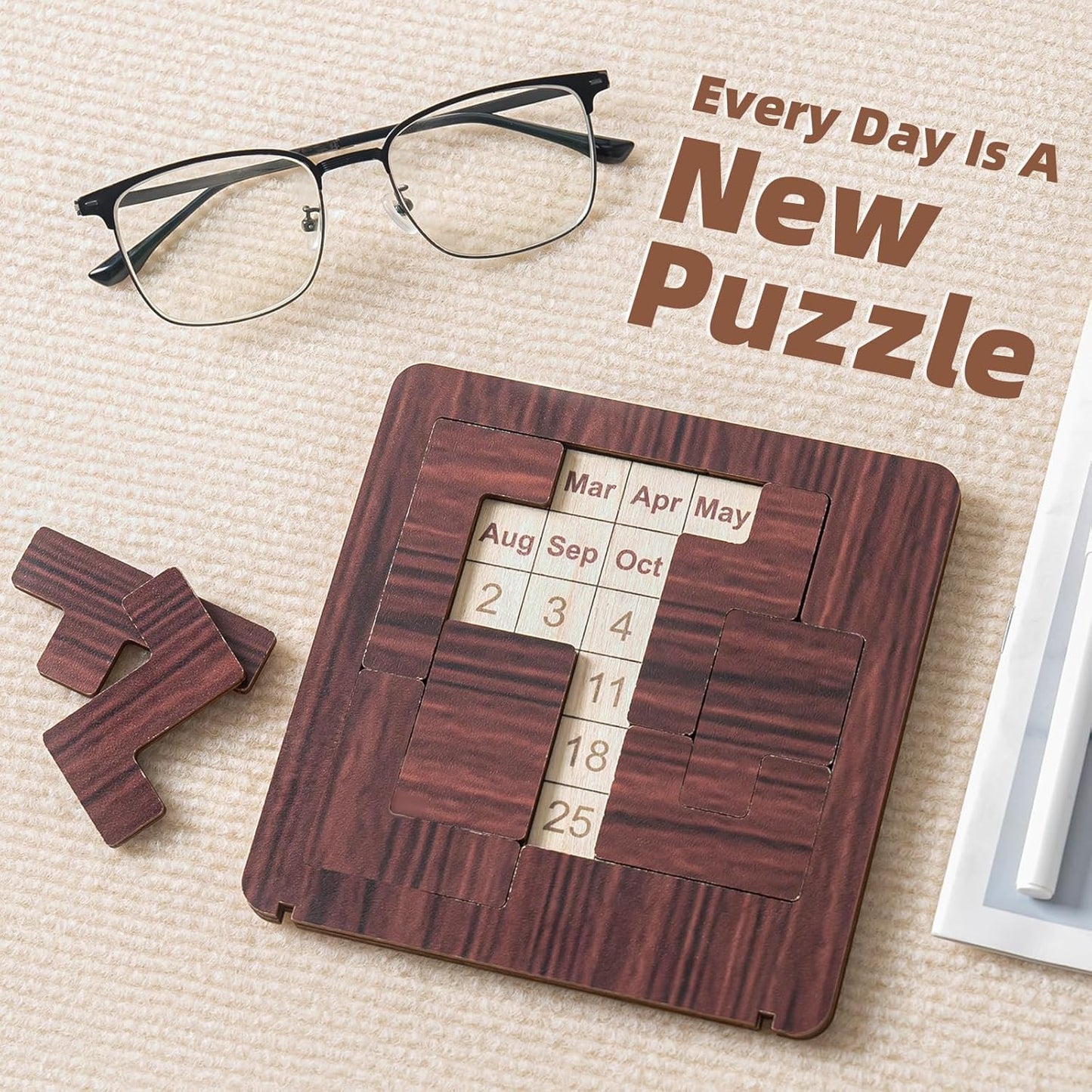 Wooden Calendar Puzzle - 365-Day Interactive Date Tracker | Logic Challenge Desk Decor for All Ages