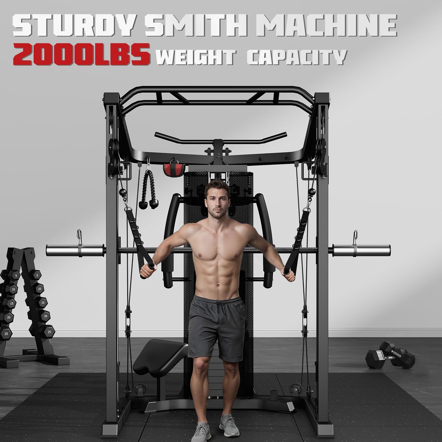 JELENS Home Gym System, 150LB Weight Stack Smith Machine with LAT Pull-Down & Leg Press, All-in-One Strength Training Equipment, Workout Station for Workout (Black, 190LBS Black Weights Package)